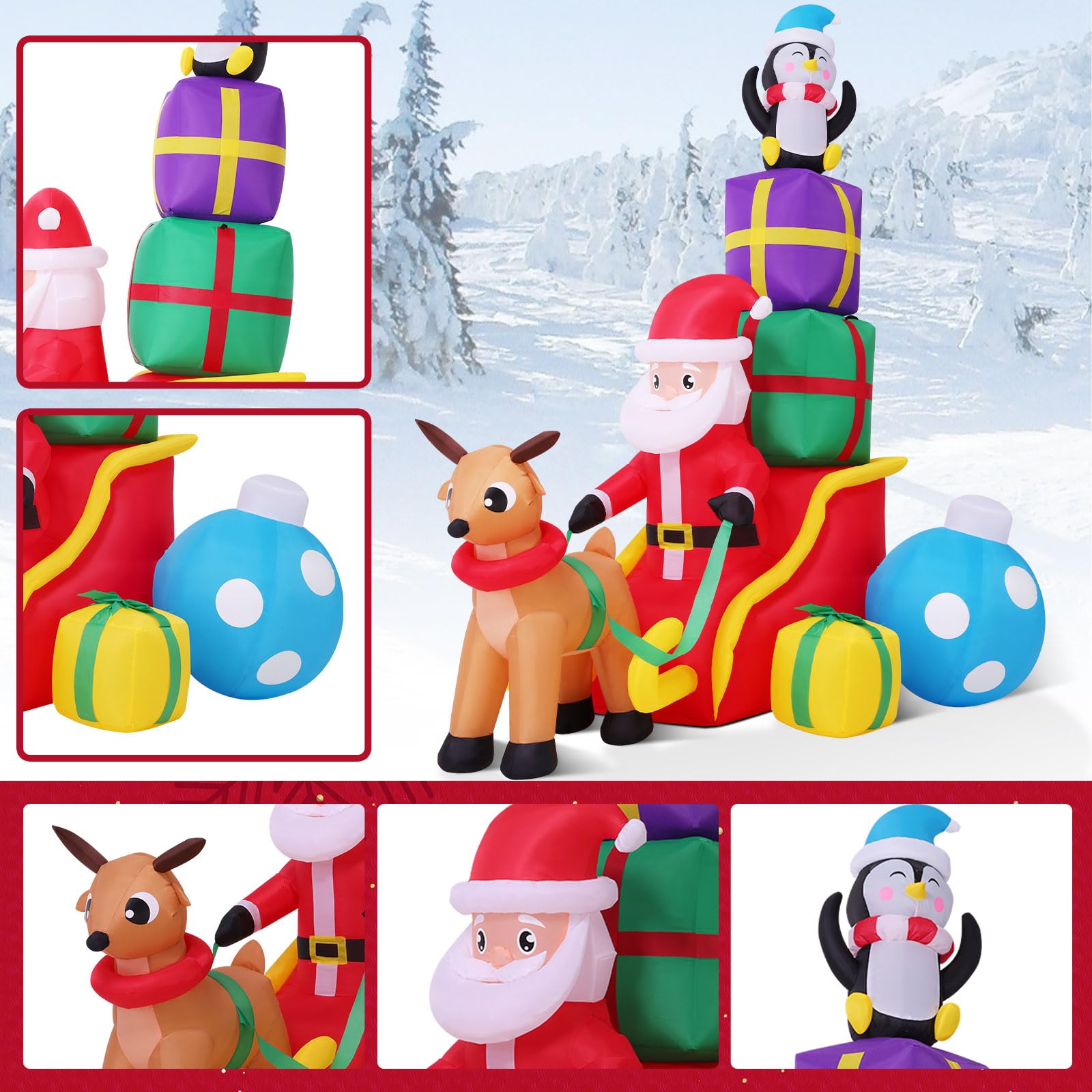 AKEYDIY Décorations de Noël gonflables pour cour – Père Noël renne sur traîneau – Décorations de Noël gonflables avec lumières DEL intégrées pour maison, cour, jardin, pelouse, fête, centres