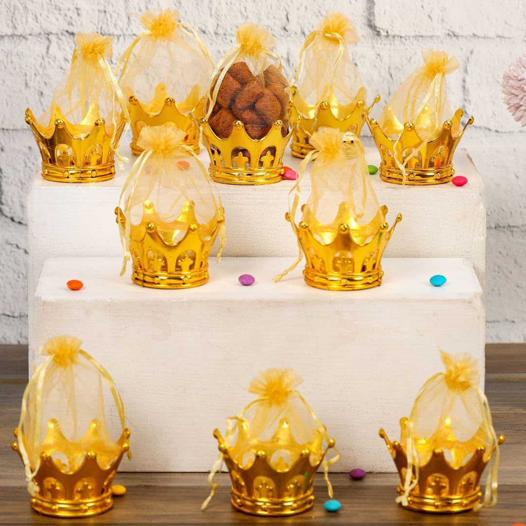 SATYAM KRAFT 6 Pcs Golden Crown Shaped Decorative Gift Packaging with Net Pouch | Uses for New Year Birthday Engagement wedding Gifts Chocolates Dry Fruits Mithai Festive Gifting-Party Favors