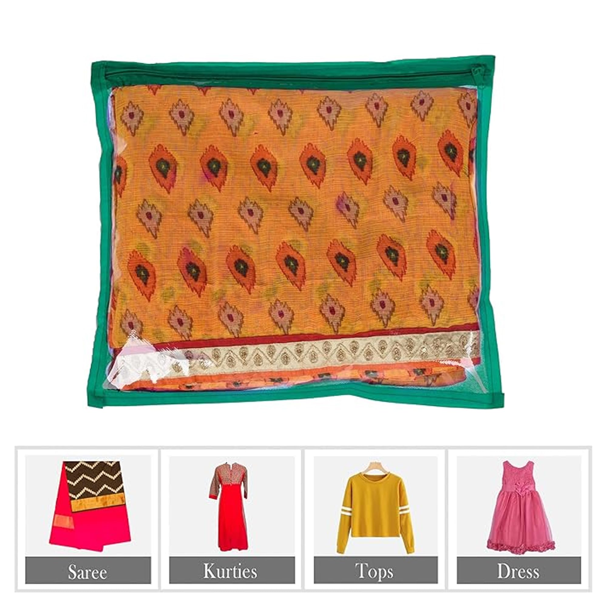 Kuber Industries Paquete de 48 fundas para sari | Bolsas de embalaje para vestido con cremallera | Bolsas de sari para almacenamiento | Organizador de ropa para armario | Verde