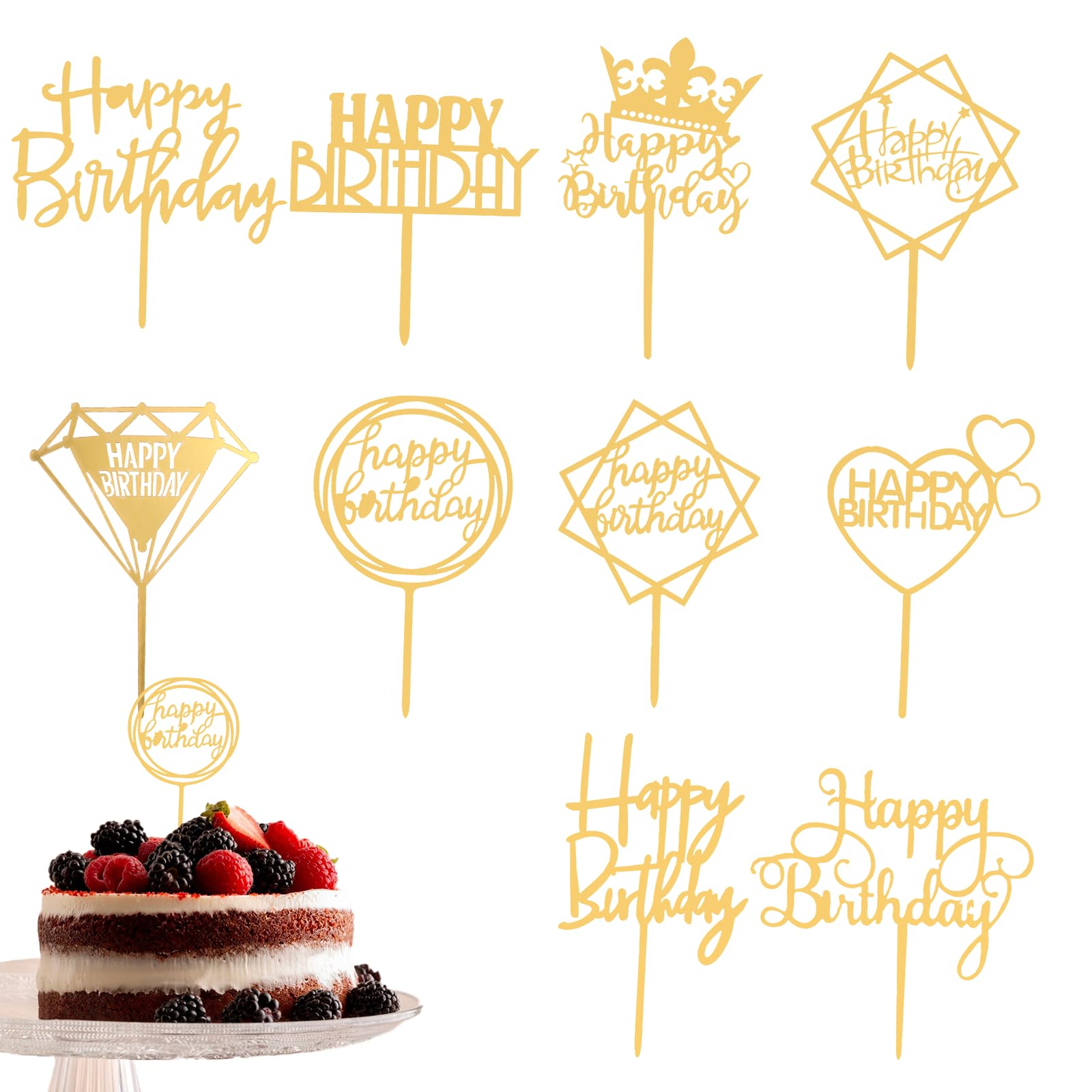 20pcs Happy Birthday Cake Toppers,10 Different Shapes Gold Acrylic Cake Toppers for Decorations Glittering Cupcake for Birthday Event Party Supplies