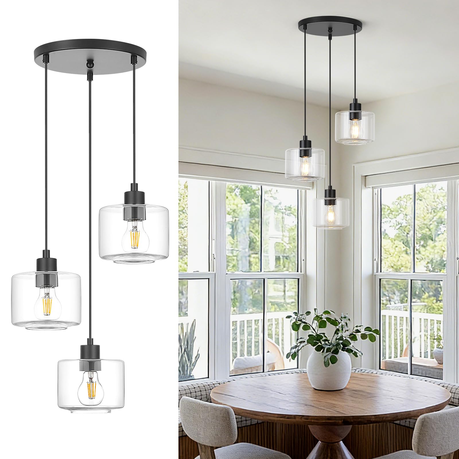 Photo 1 of Osimir 3-Light Pendant Lighting, Black Dining Room Chandelier Light Fixture Over Table with Clear Glass, Modern Cluster Hanging Lights for Kitchen Island Dining Room Sink, OS-YQ8153-3BKC