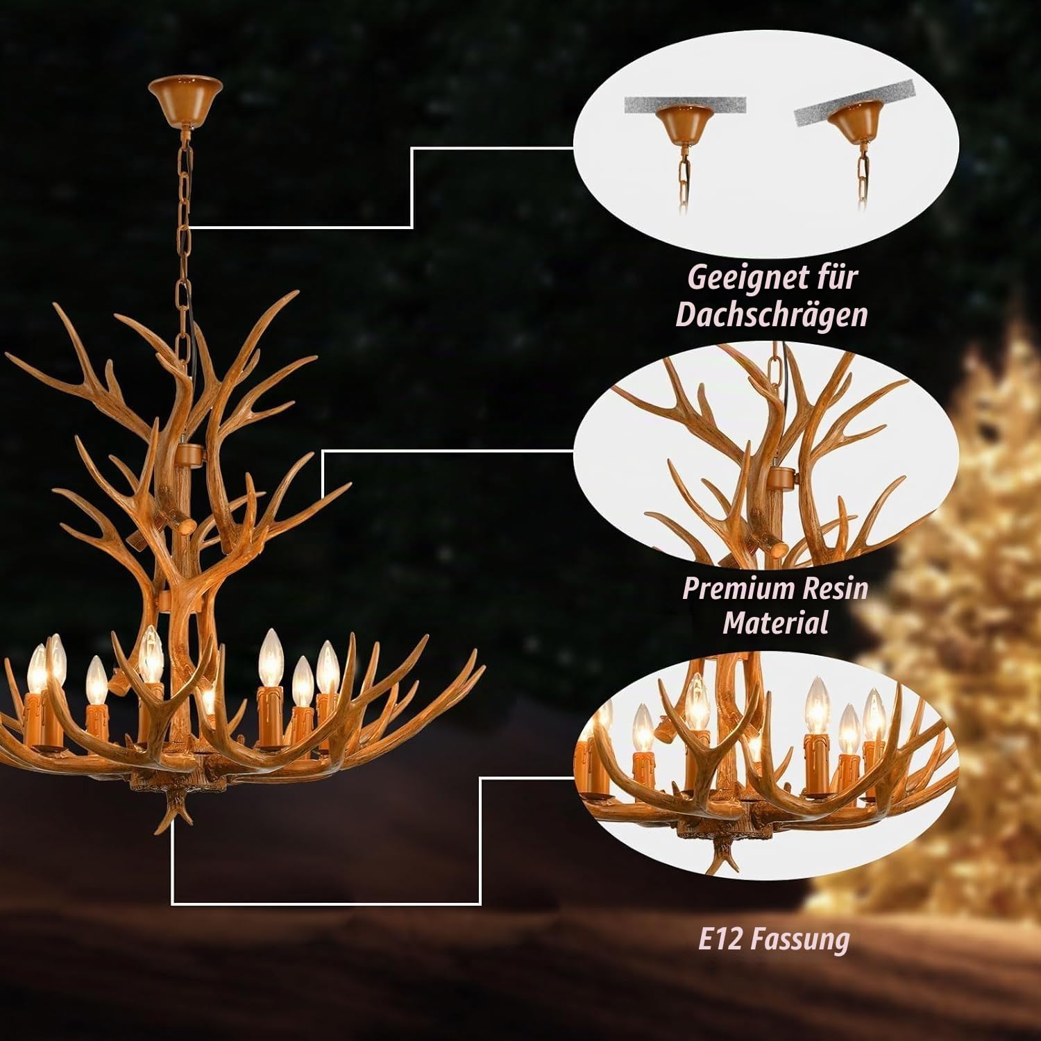 Kronleuchter Hartshorn Kreative Beleuchtung Retro Horn Kristallleuchte 8 Lampen Bauernhouse Antler Höhenverstellbare Leuchte Zimmerdecke E14 Sockel für Haushaltsgeschäft Kaffeebar Hängeleuchte