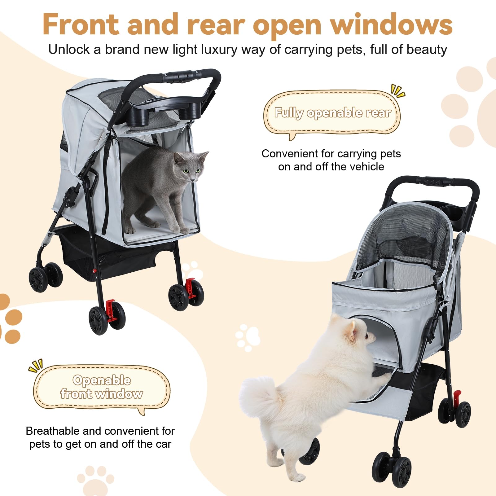 Poussette pliable pour chien jusqu'à 10 kg, poussette pour chien et chat avec fenêtres en filet, roues avant à 360°, freins arrière, ceinture de sécurité, porte-gobelet et panier de rangement, gris