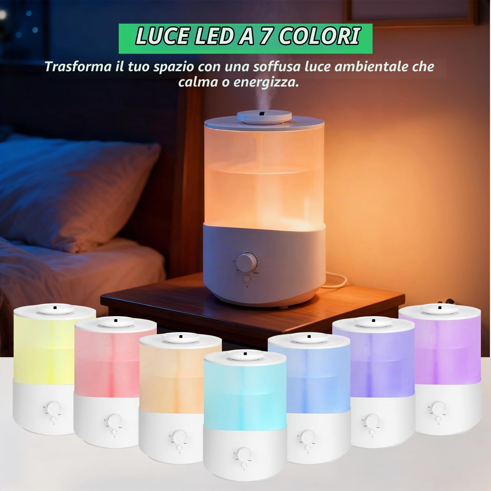 Cozary 2,5L Umidificatore Ambiente, Top Fill, 28H Diffusore di Oli Essenziali, Spegnimento Automatico, 23 dB Silenzioso, con Luce a 7 Colori, Ugello a 360°, per Camera da Letto, Cameretta, Piante