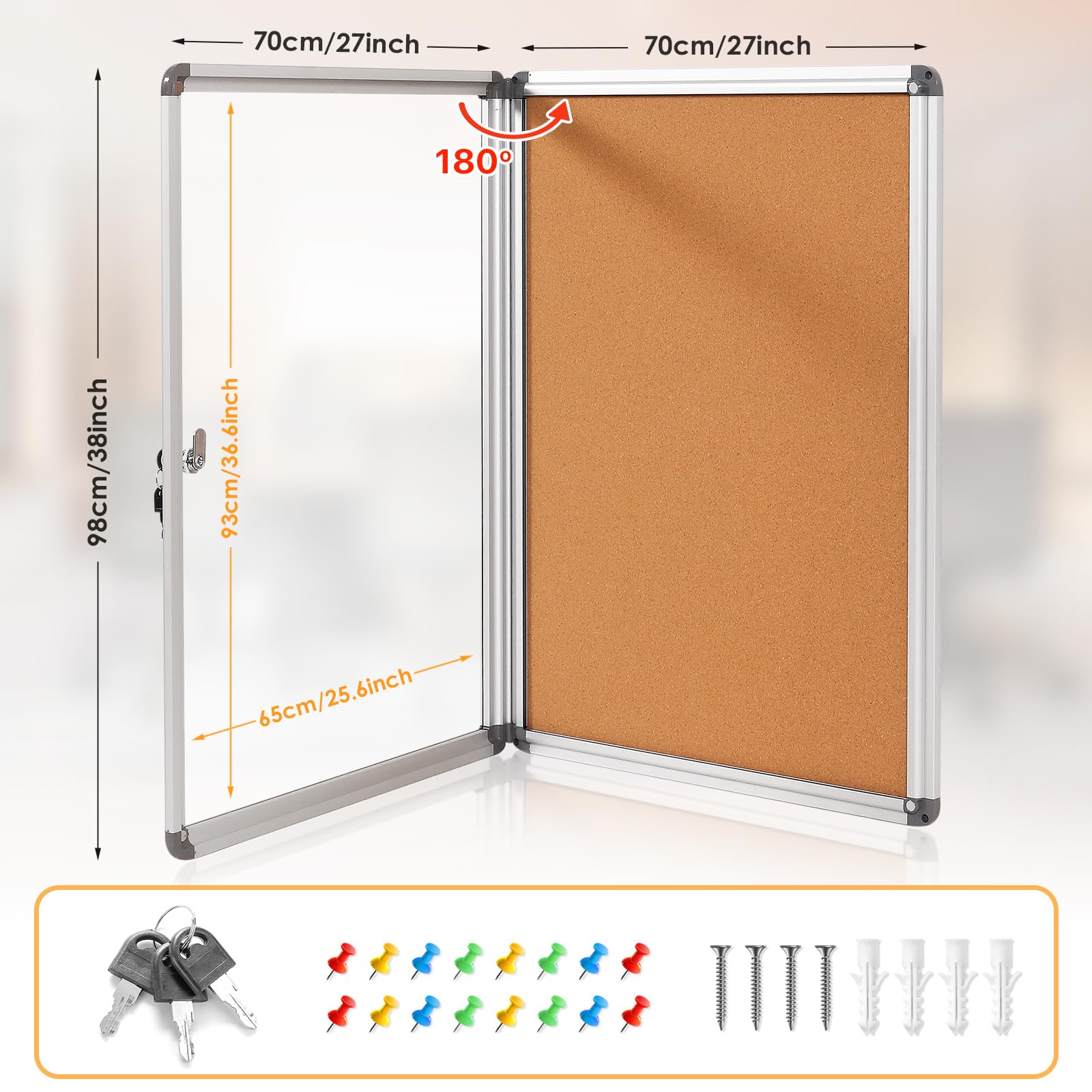 Tablero de corcho cerrado de 38 x 28 pulgadas, vitrina a prueba de manipulaciones con puerta de bloqueo para oficina, escuela, tienda en casa, montaje en pared, marco de aluminio plateado