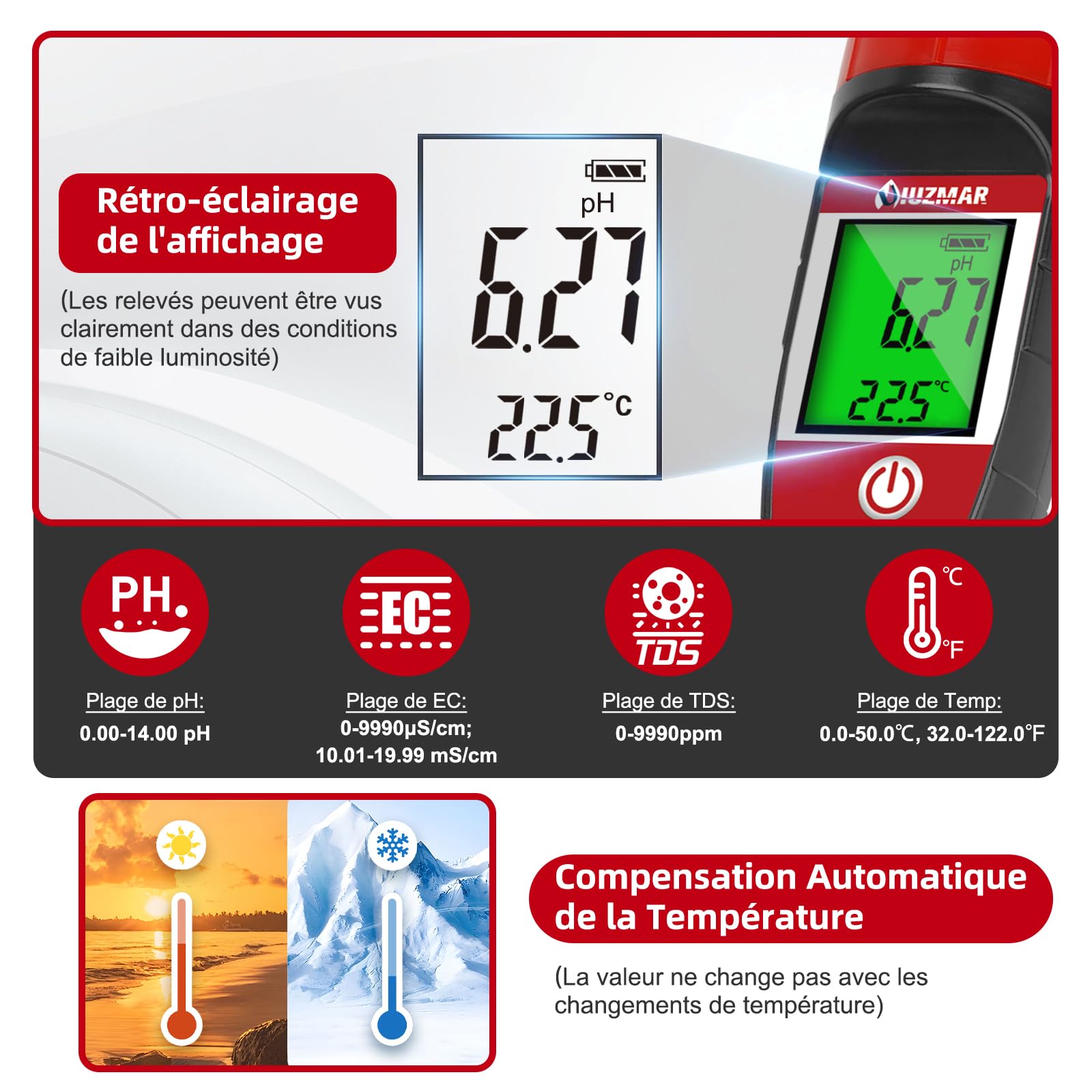 UIUZMAR pH Mètre pour L'eau 4 en 1 pH EC TDS Temp Mètre pour Piscine Aquarium Hydroponique Testeur d'eau PPM et EC pH Testeur Numérique de Piscine de Haute Précision pH Mètre pour Eau Potable