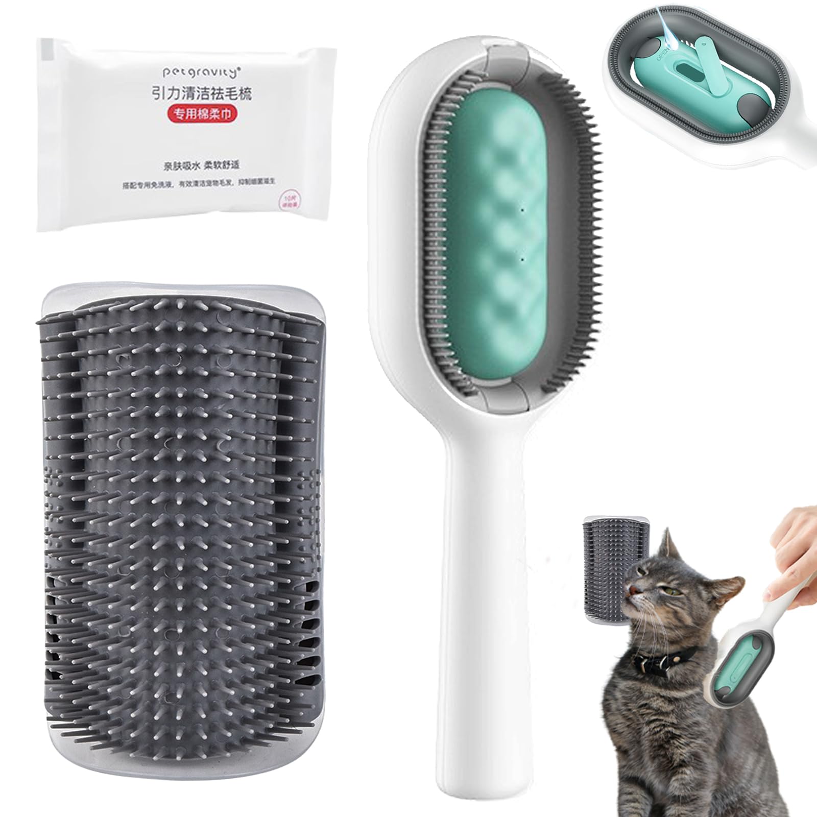 Duuclume Removedor de pelo de gato con tanque de agua y aseo para gatos, cepillo limpiador de pelo de mascotas 2 en 1 para pelo largo, rascador de cara de gato, peine de masaje de esquina para gatitos