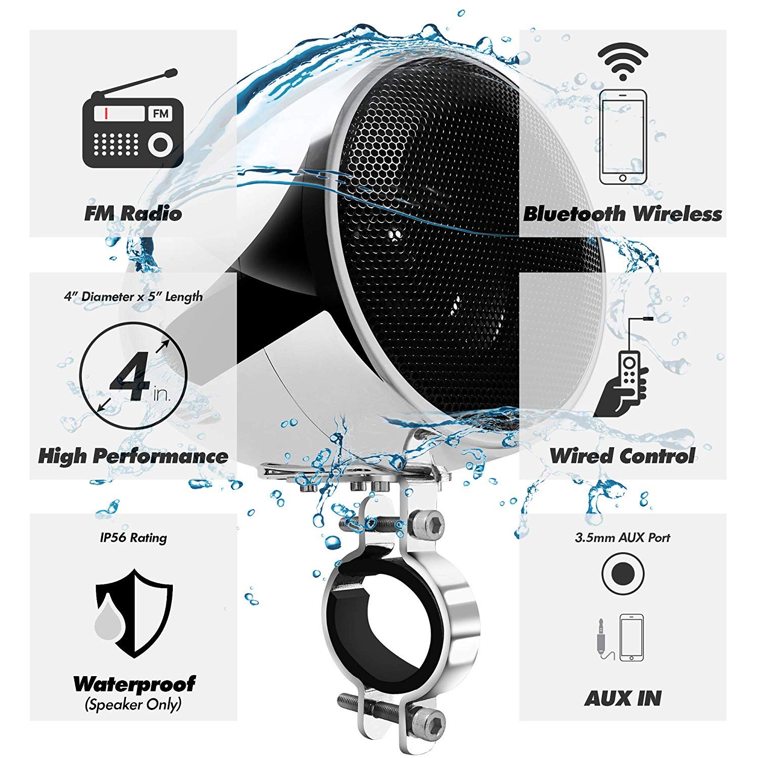 Aileap 1000W 4 Canales de Motocicleta Amplificador 4 Gama Completa Impermeable Bluetooth Motocicleta Altavoces estéreo Sistema de Audio con Radio FM para 1-1,5 Manillar ATV UTV (Cromo, Red