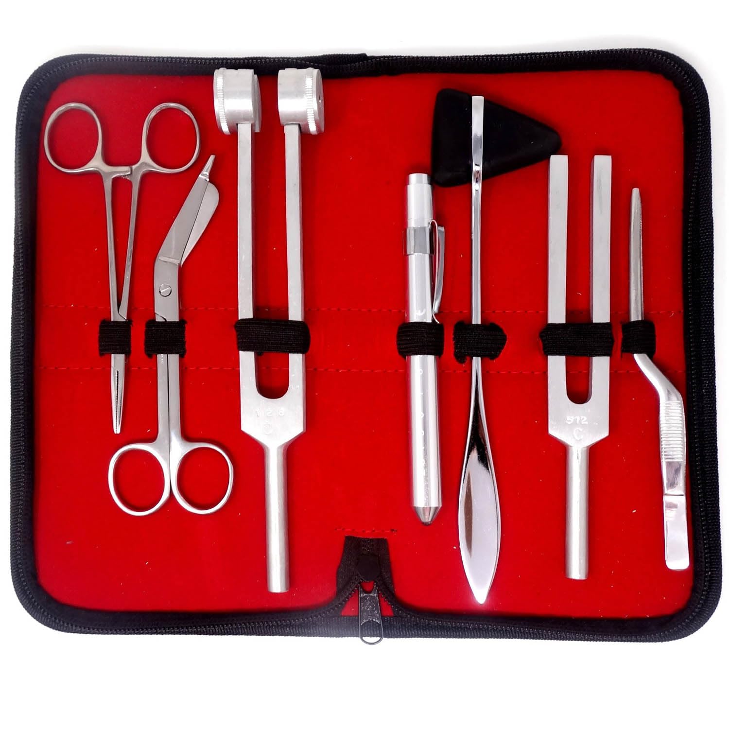 A2Z SCILAB Medical Student Exam Kit - 7-Piece Assessment and Diagnostic Set - Reflex Hammer, C128 and C512 Tuning Forks, Pupil Gauge, Bandage Scissors – Perfect for Medical Students! (Set of 7pc)
