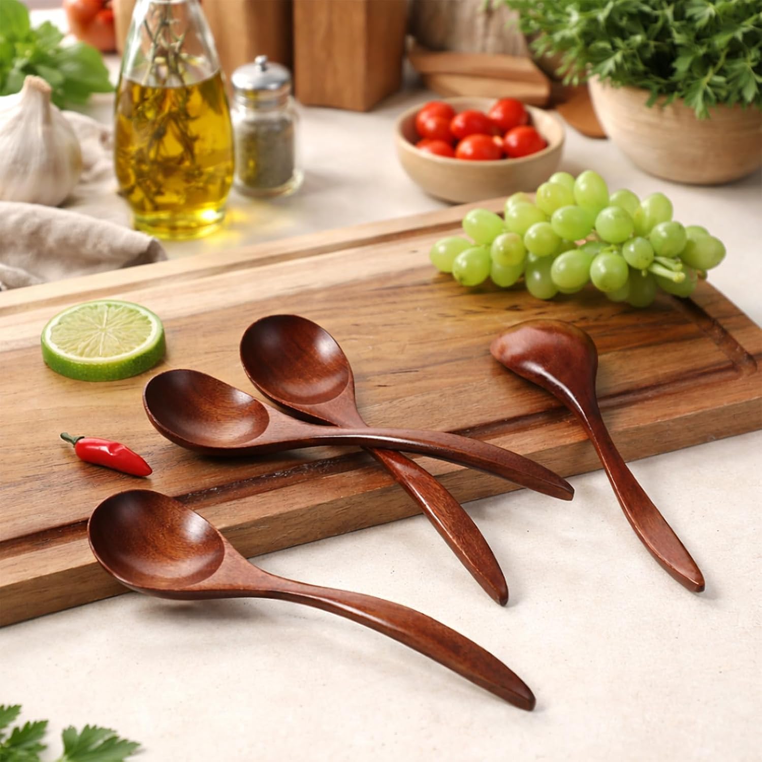 6 Pcs Wooden Soup Spoons 6.8 Inch Wooden Spoons for Eating Asian Soup Spoon Wood Serving Table Spoon Set for Salad Desserts Tea Coffee Snacks Cereal