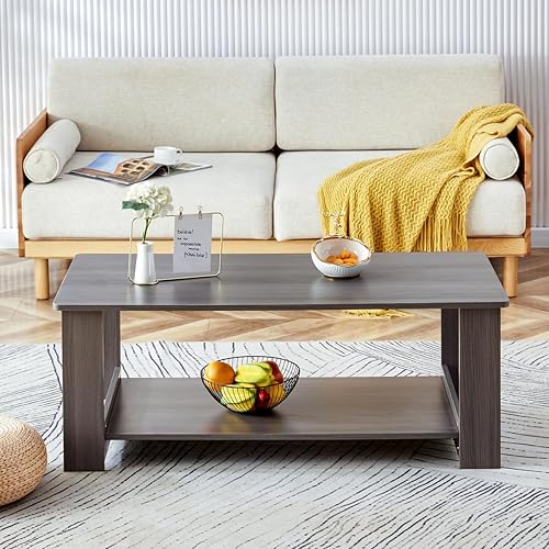 Mesa auxiliar rústica de 2 niveles con estante de almacenamiento, mesa de té decorativa de doble capa, mesa central de textura de madera para sala
