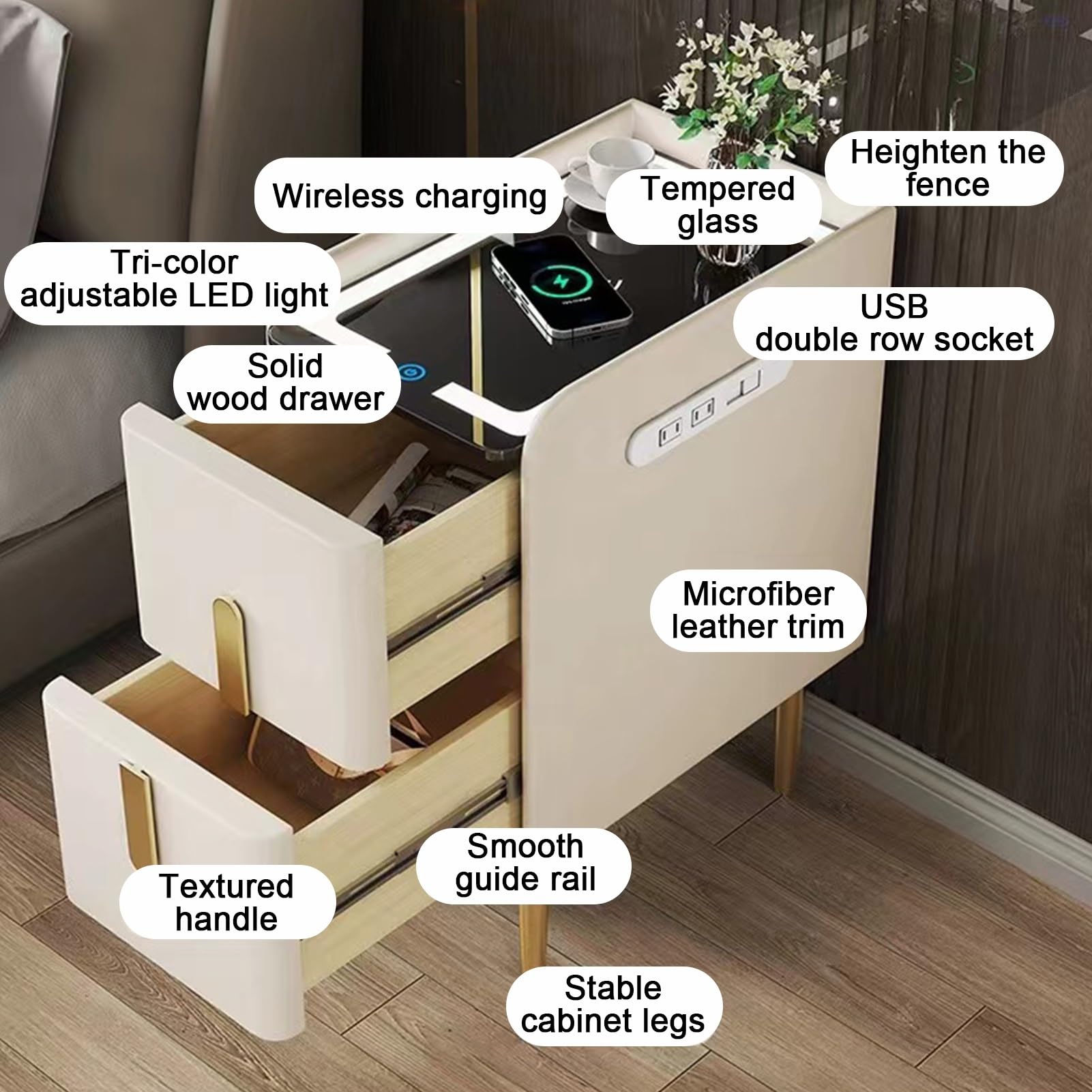 Inteligentny stolik nocny z portami ładowania USB, światła LED w różnych kolorach, 2 szuflady, oszczędzająca miejsce drewniana szafka nocna do sypialni (Khaki, 2 sztuki, 50 cm)