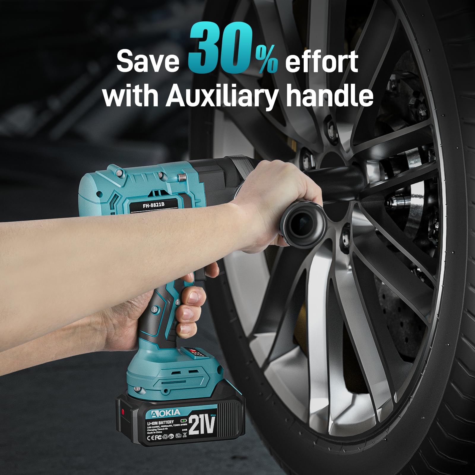 Aokia Avvitatore a Impulsi Senza Fili, 1000 Nm Coppia Elevata, Batteria 8000 mAh, 2400 giri/min, per Auto e Camion, Inclusi 4 Bussole e Barra di Estensione da 5