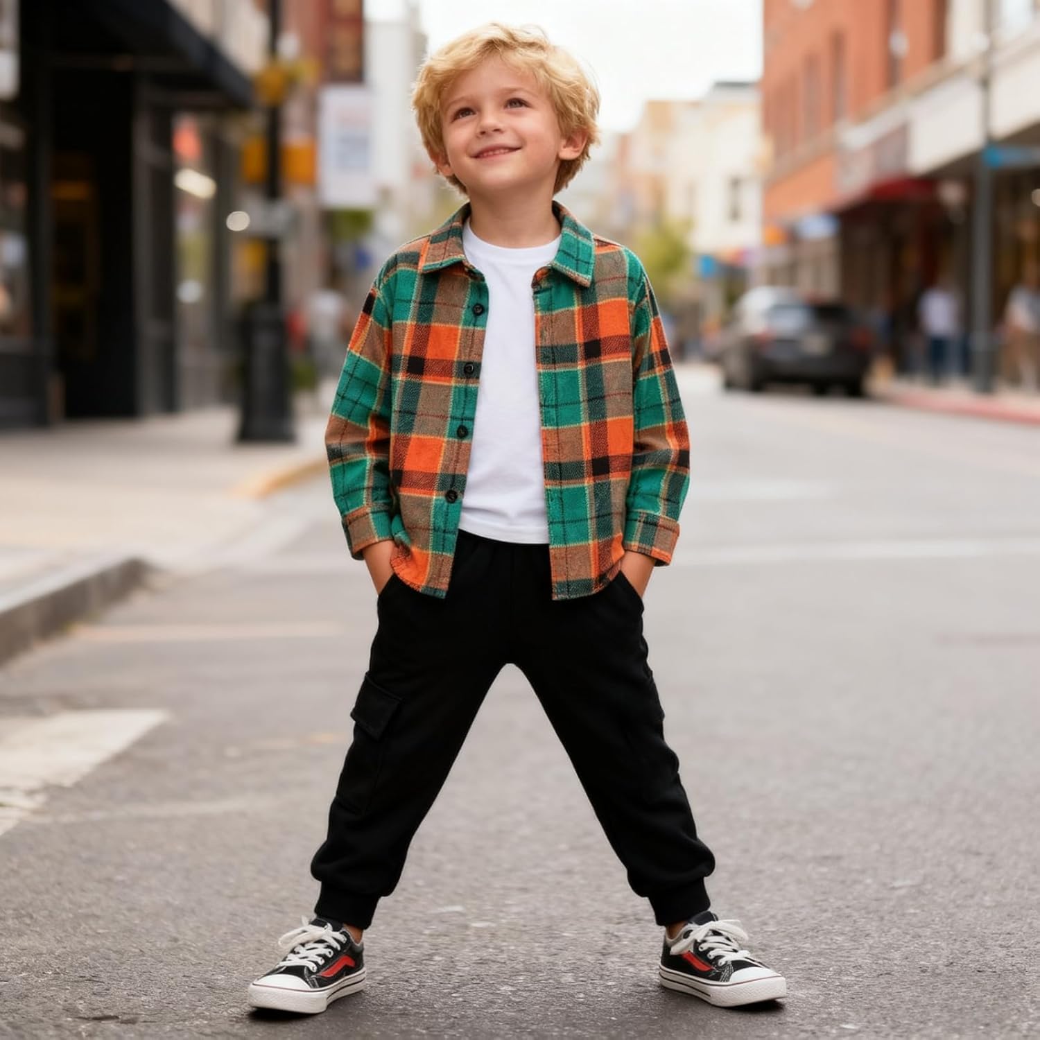 Toddler Boys Clothes 2 Piece Sweatsuit Set Flannel Plaid Shirt Hooded and Pants for Fall Winter 2-6Years - Image 5