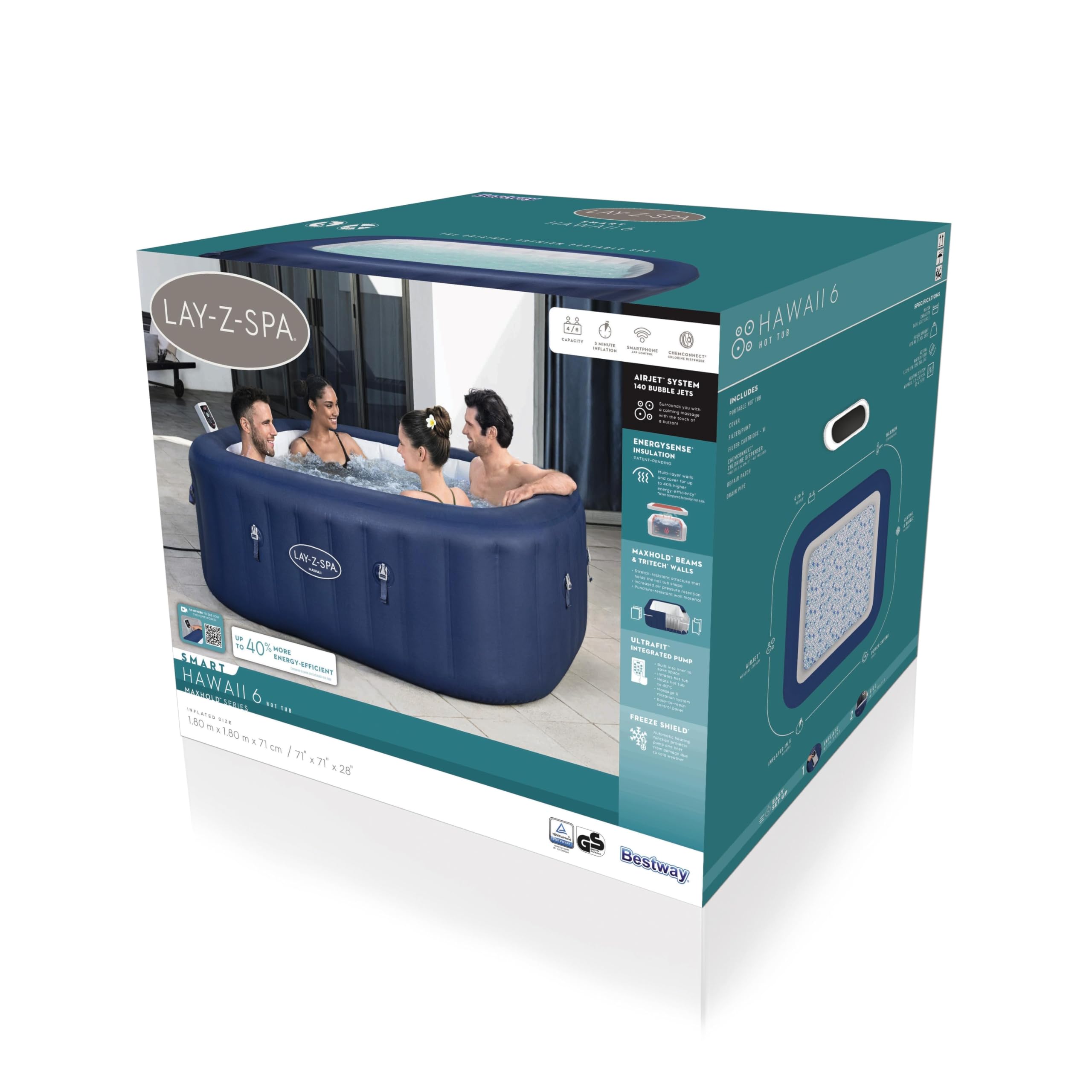 Bestway 6001H Minipiscina idromassaggio gonfiabile Hawaii Lay-Z-Spa AirJet con app