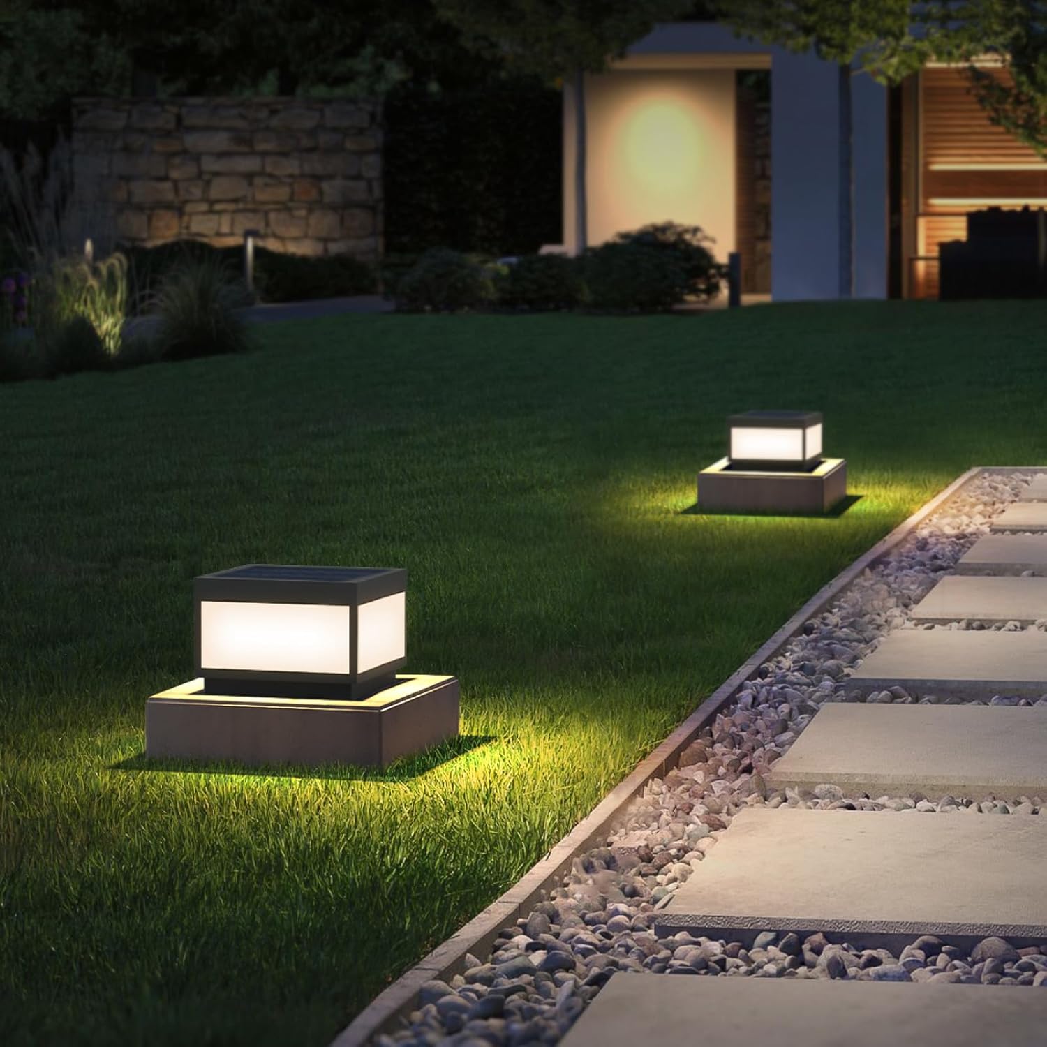 Outdoor Landscape Post Light, Modern 2-in-1 Solar and High Voltage Wired Waterproof Luxury Fence Deck Pillar Cap Patio Garden Decoration Lantern Column Lamp with 4 Different Lighting Color