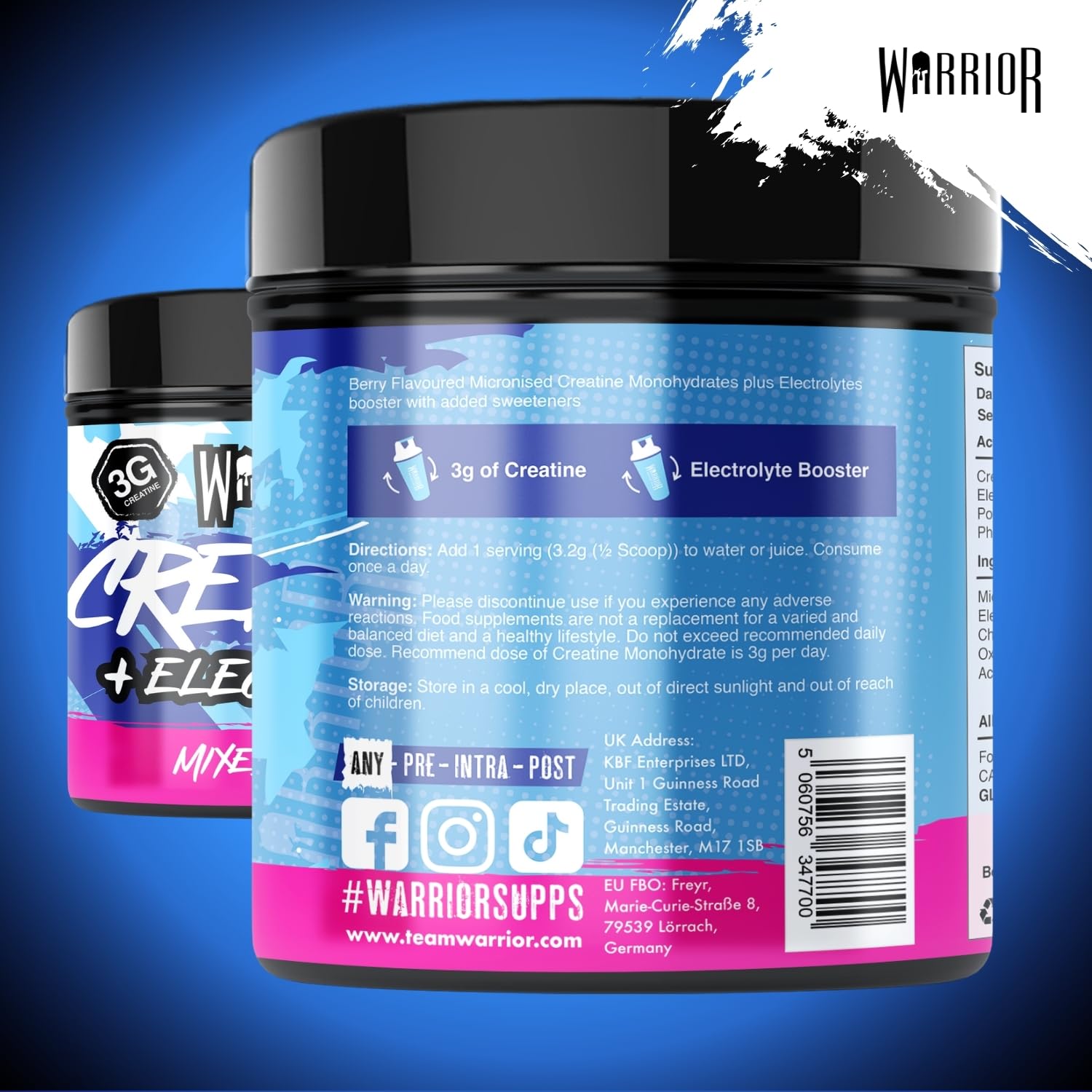 Warrior Creatina Monoidrata + Elettroliti Polvere 360 g, 80 Porzioni – Creatina in Polvere con Sali Minerali, Intra Workout per Massa, Idratazione e Sport, Senza Zucchero – Mix di Frutti di Bosco