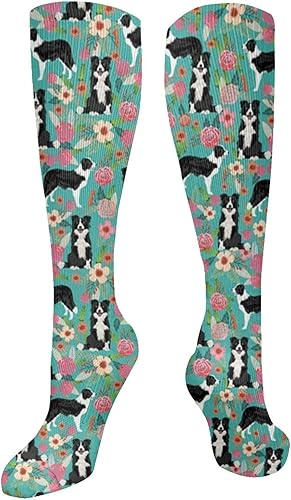 AOTOSE Border Collie Florals - Calcetines de compresión para mujeres y hombres, 10-20 mmhg, tubo de viaje, medias altas hasta el muslo, medias altas