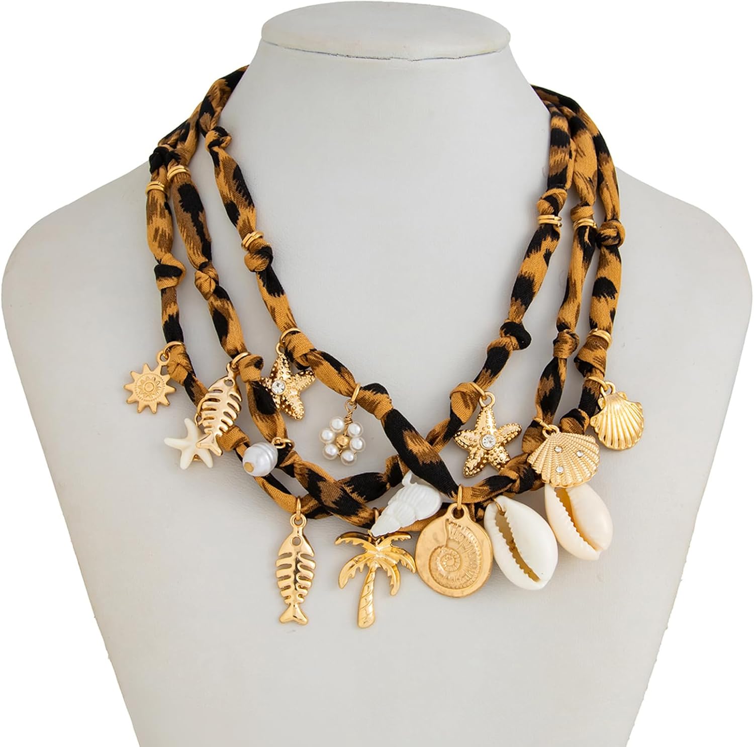 3pcs Sea Star Conch Pearls Necklaces Adjustable Spicy Girls Leopard Print Collarbone Chain Jewelry for Her Retro Pendant