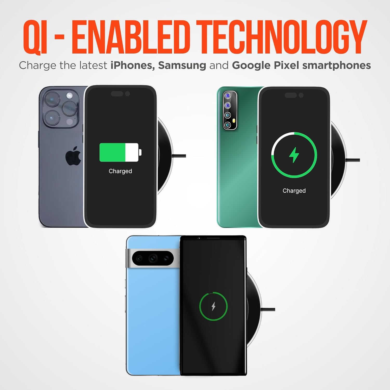 Various smartphones charging on the HyperGear ChargePad, demonstrating Qi-enabled technology