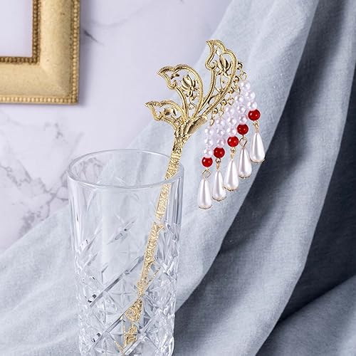 Miniatura 4 de HINZIC 2 palillos chinos de metal con diamantes de imitación y perlas, estilo vintage, con borlas, para mujer, fiesta, graduación, novia (dorado)