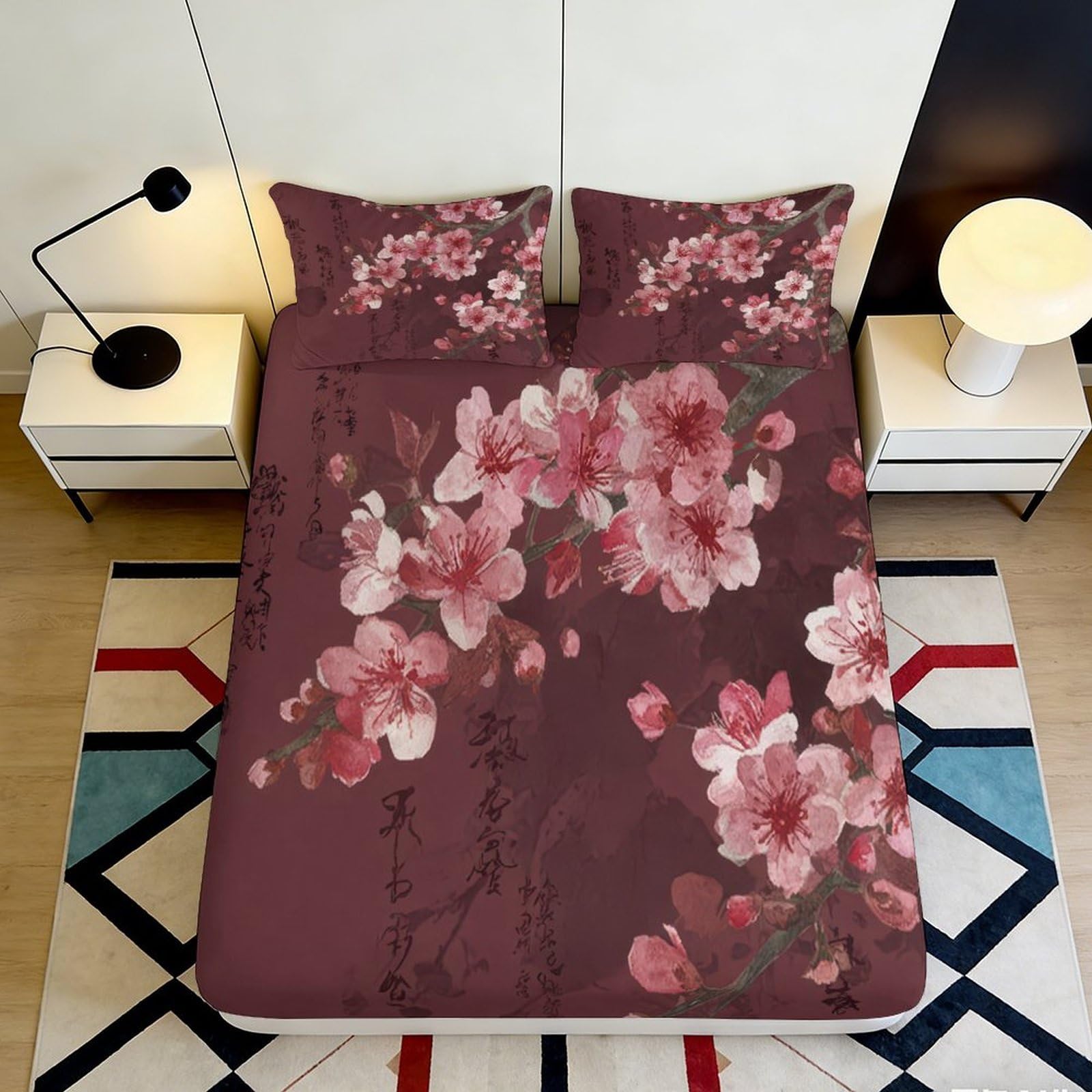 3D Printed Cherry Blossom Fitted Sheet Microfiber Maroon Floral Bed Cover for Bedroom Guest Room Machine Washable 90x200x25cm