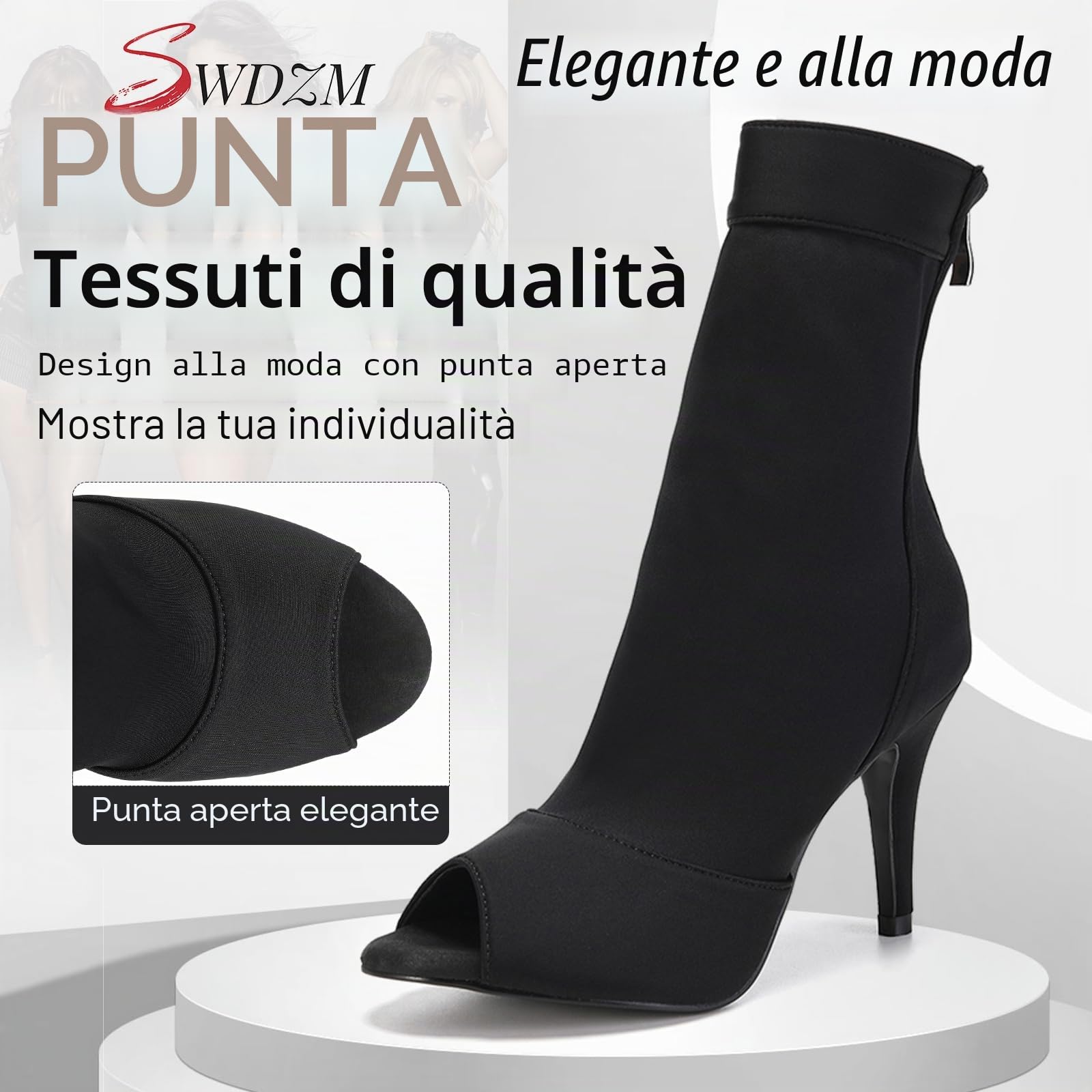 SWDZM Scarpe da Ballo Stivaletto Latino Americano Donna Punta Aperta con Tacco Alto Stivaletti da Sala Festa