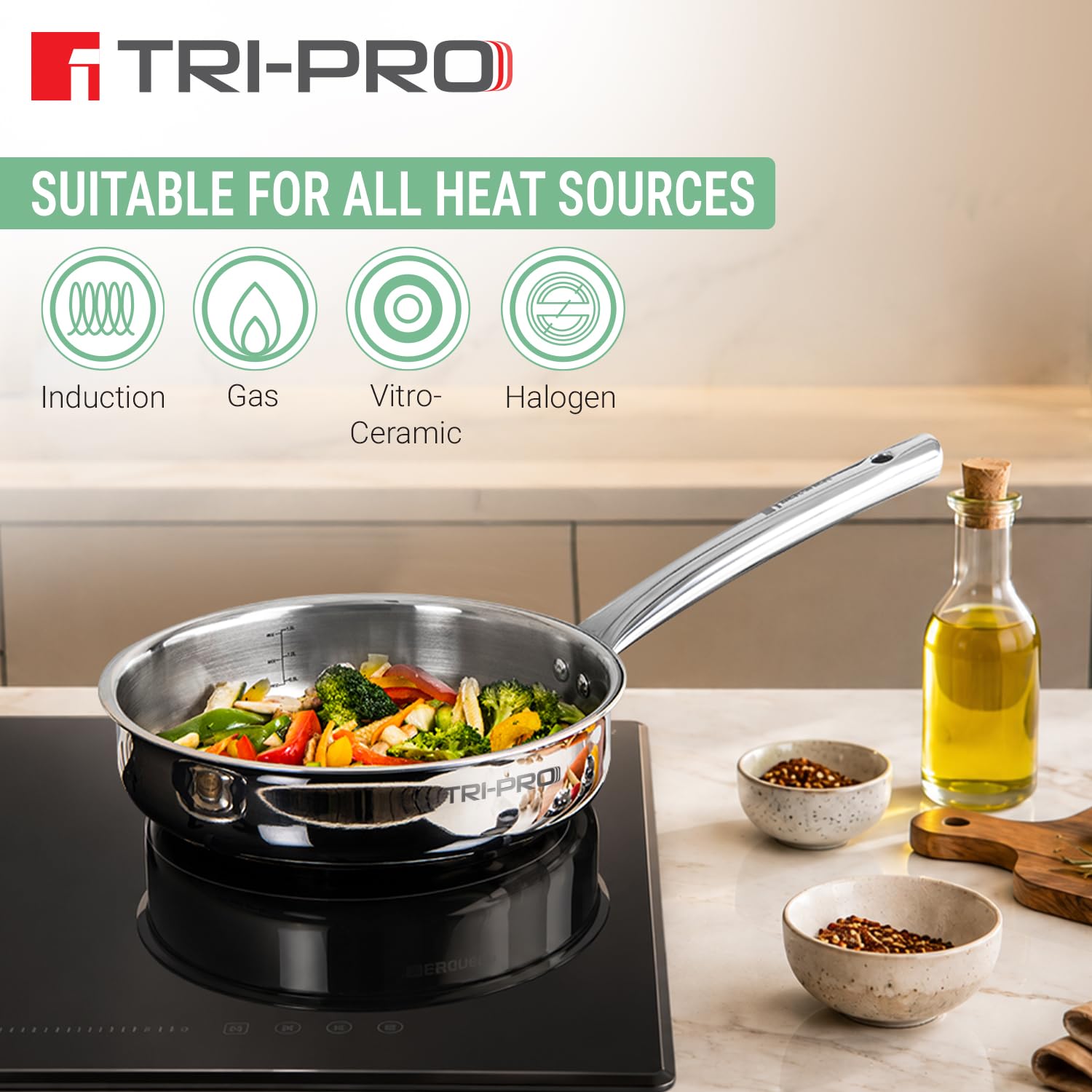 BERGNER TriPro Tri-Ply Stainless Steel 26cm (3L) Sautepan/Deep Frypan with Stainless Steel Lid Ergonomic Stay Cool Handle Fast and Even Heating Less Oil Use - Induction and Gas Stove Ready 1