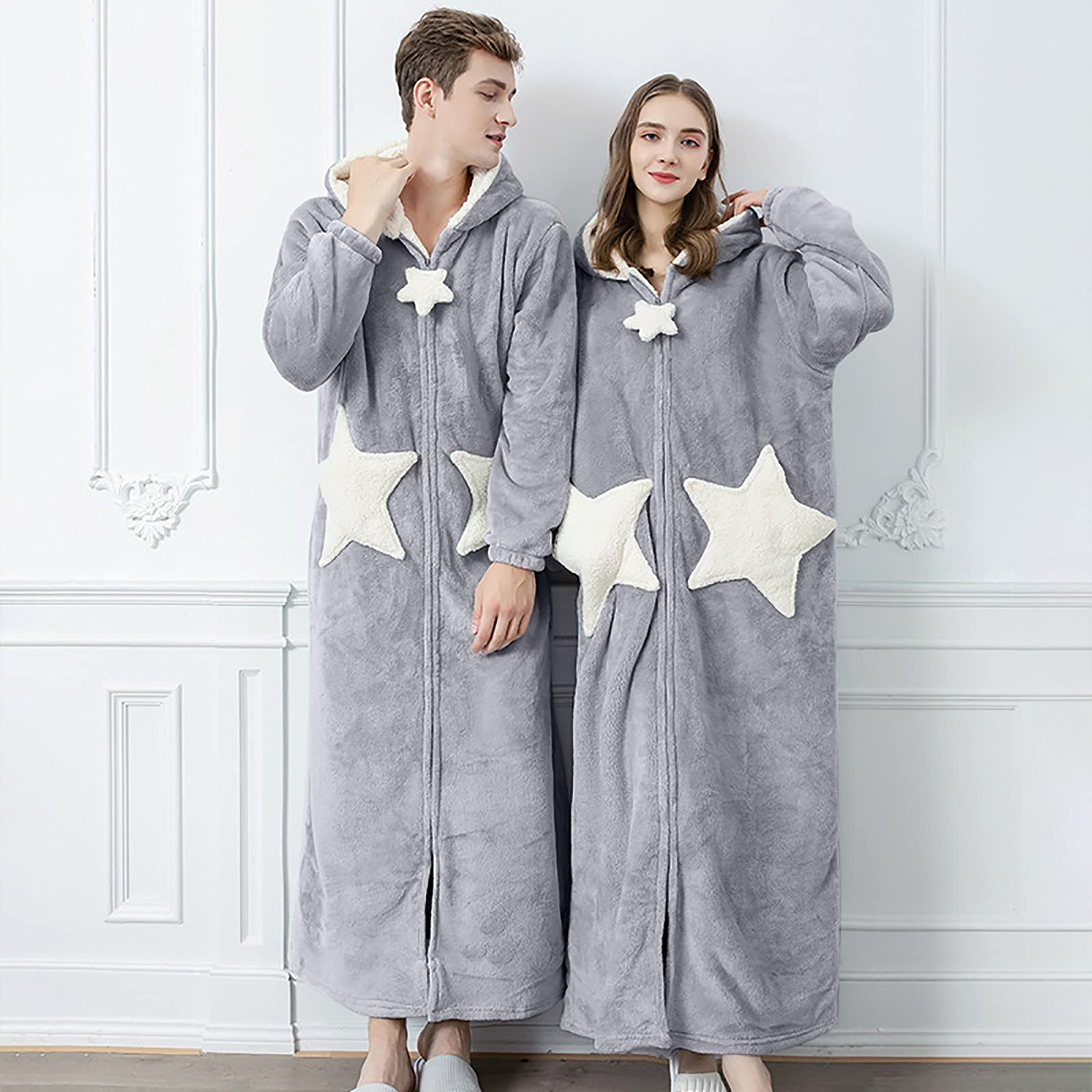 Schlafmantel Damen Kuschelig - Bademantel Damen Mit Reißverschluss | Fleece Hausanzug Unisex Hausmantel Herren Erwachsene Loungewear Mit Taschen Und Kapuze Bademäntel Schlafanzug Saunamantel
