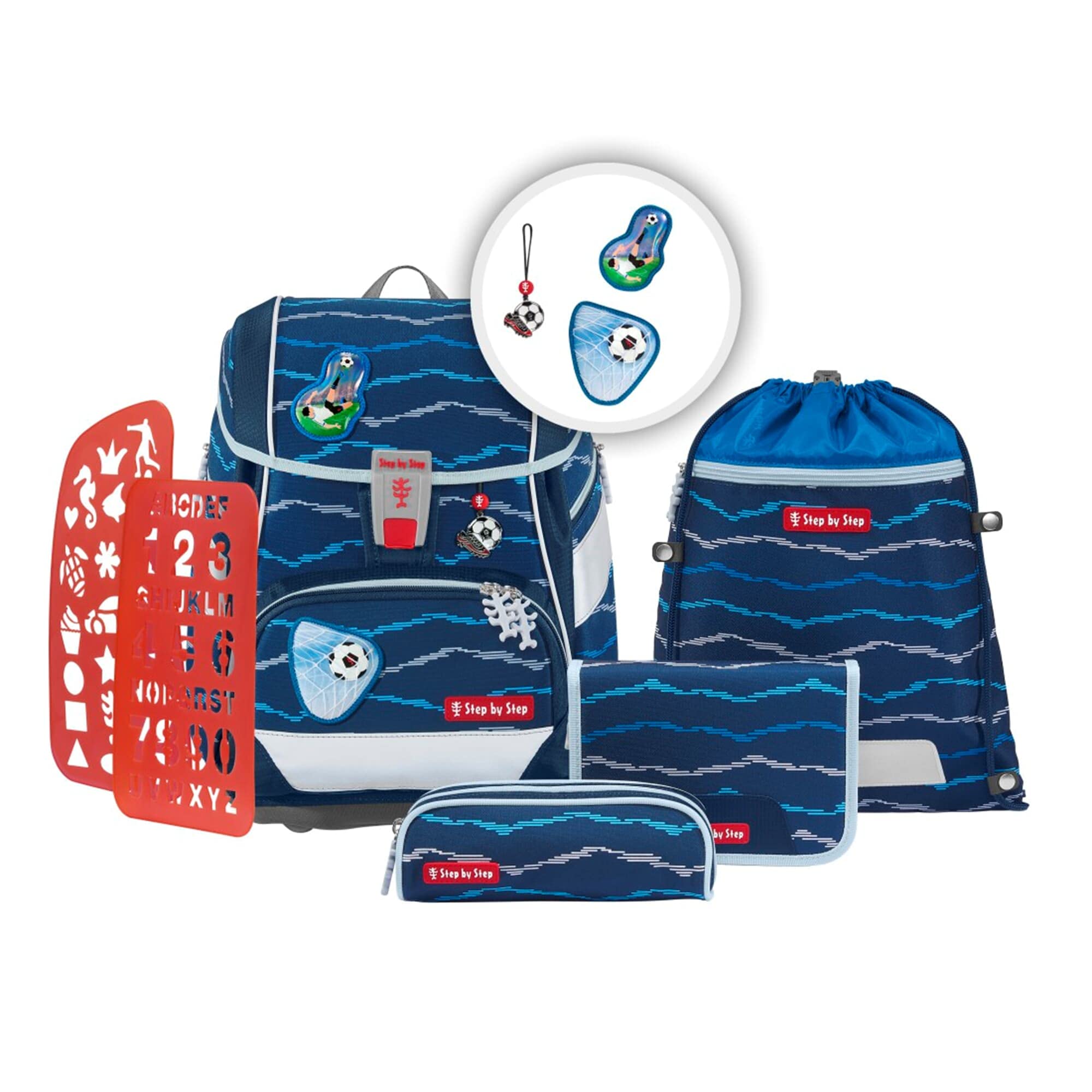Step by Step Schulranzen-Set 2IN1 Plus „Soccer Lars“ 6-teilig, ergonomischer Tornister, höhenverstellbar mit Hüftgurt, für die Grundschule, ab der 1. Klasse, 19L, blau, Fußball-Design