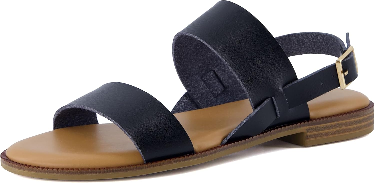 CUSHIONAIRE Lima Women’s Two-Strap Sandal – Faux Leather Flat with Adjustable Ankle Strap & Cushioned Footbed