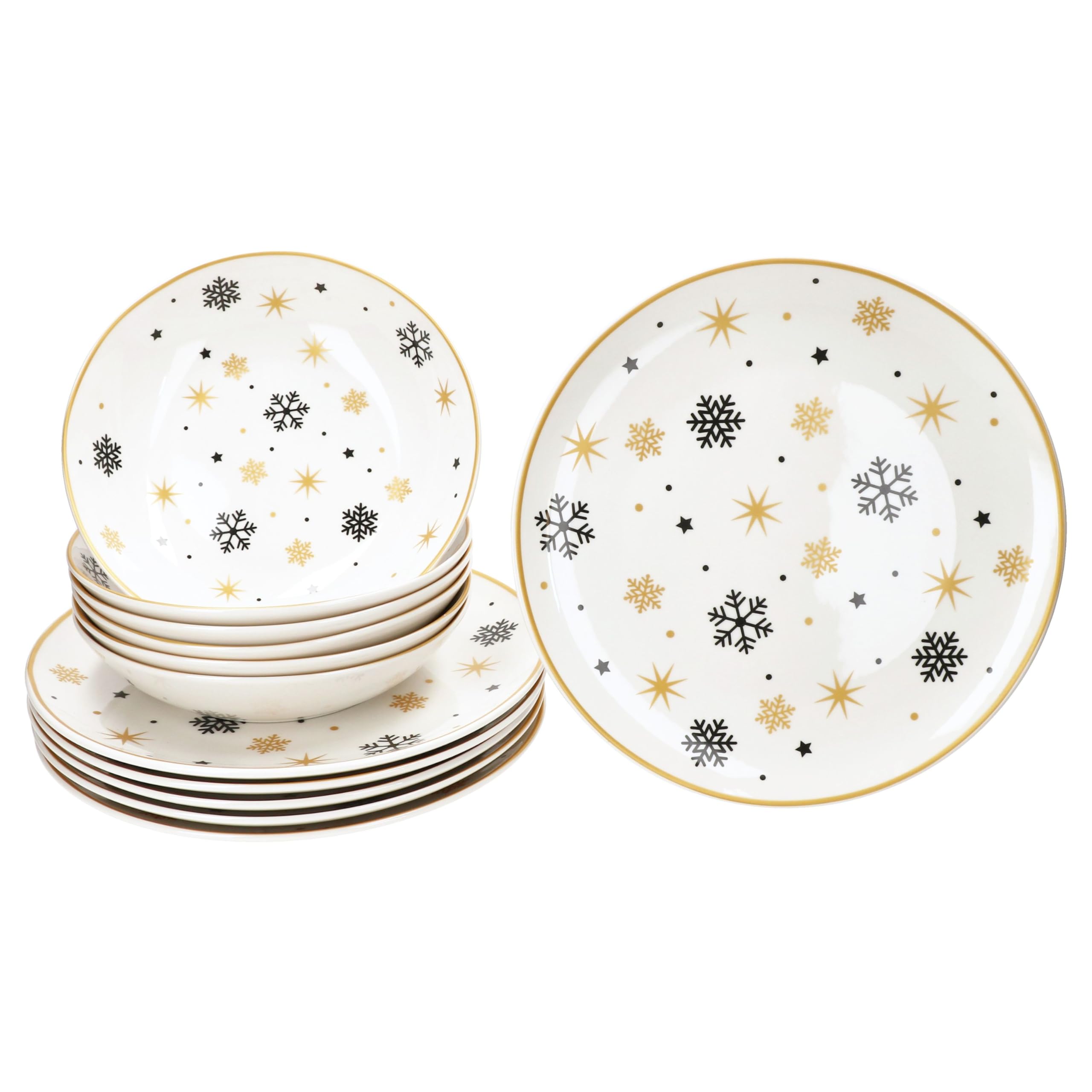 MamboCat Stars schwarz & Gold 12tlg Tafelservice I Steingut-Geschirr für 6 Personen Sternen & Schneeflocken I 6X Flache Speiseteller & 6X Tiefe Suppenteller 500ml