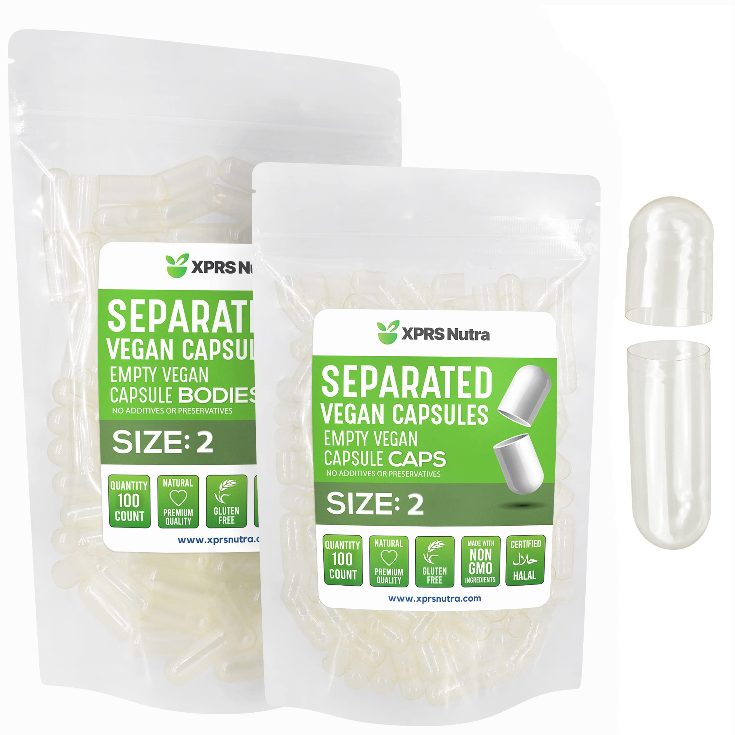 XPRS Nutra Vegan Size 2 Separated Capsules - 100 Count Premium Empty Capsules Separated in Bags - Clear Empty Pills for DIY Supplement Filling 100 Count (Pack of 1) Clear