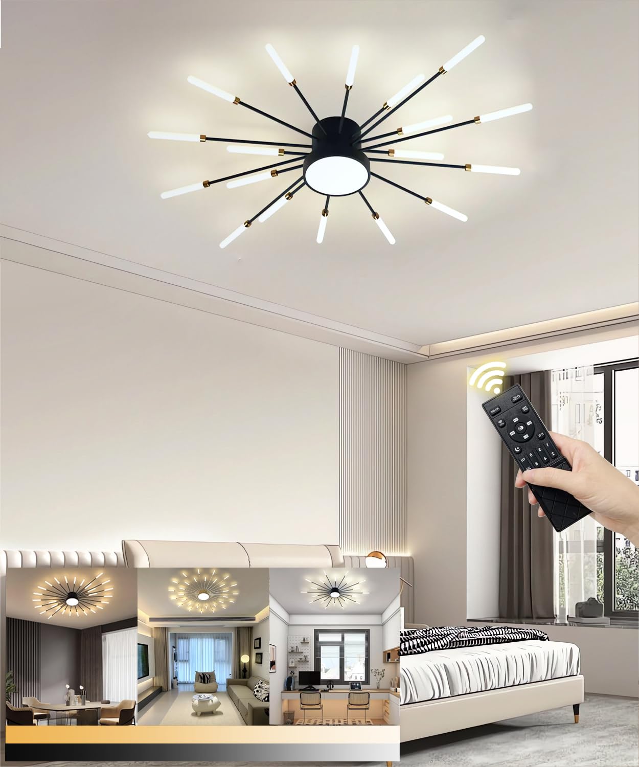 LIYYANG Modern LED Ceiling Light Fancy Lights 18+1 Heads Semi Flush Mount Ceiling Lamp Living Room Ceiling Lighting with Remote Control Chandelier for Office Bedroom Restaurant (Black, 18+1heads)