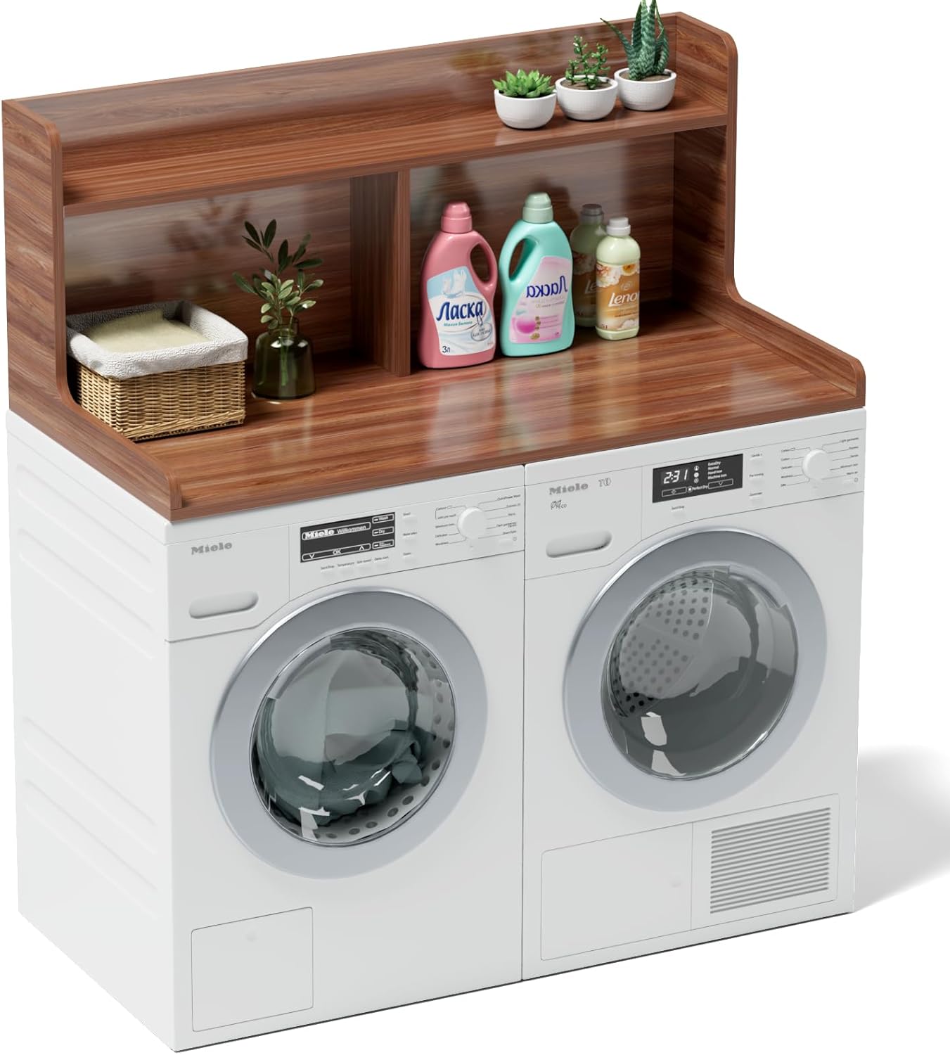 Photo 1 of  2-Tier Washer Dryer Countertop: Laundry Countertop with Edge Rails,Washer and Dryer Covers for The Top, Wood Laundry Topper for Organization,54" W x 27.5" D x 20" H 