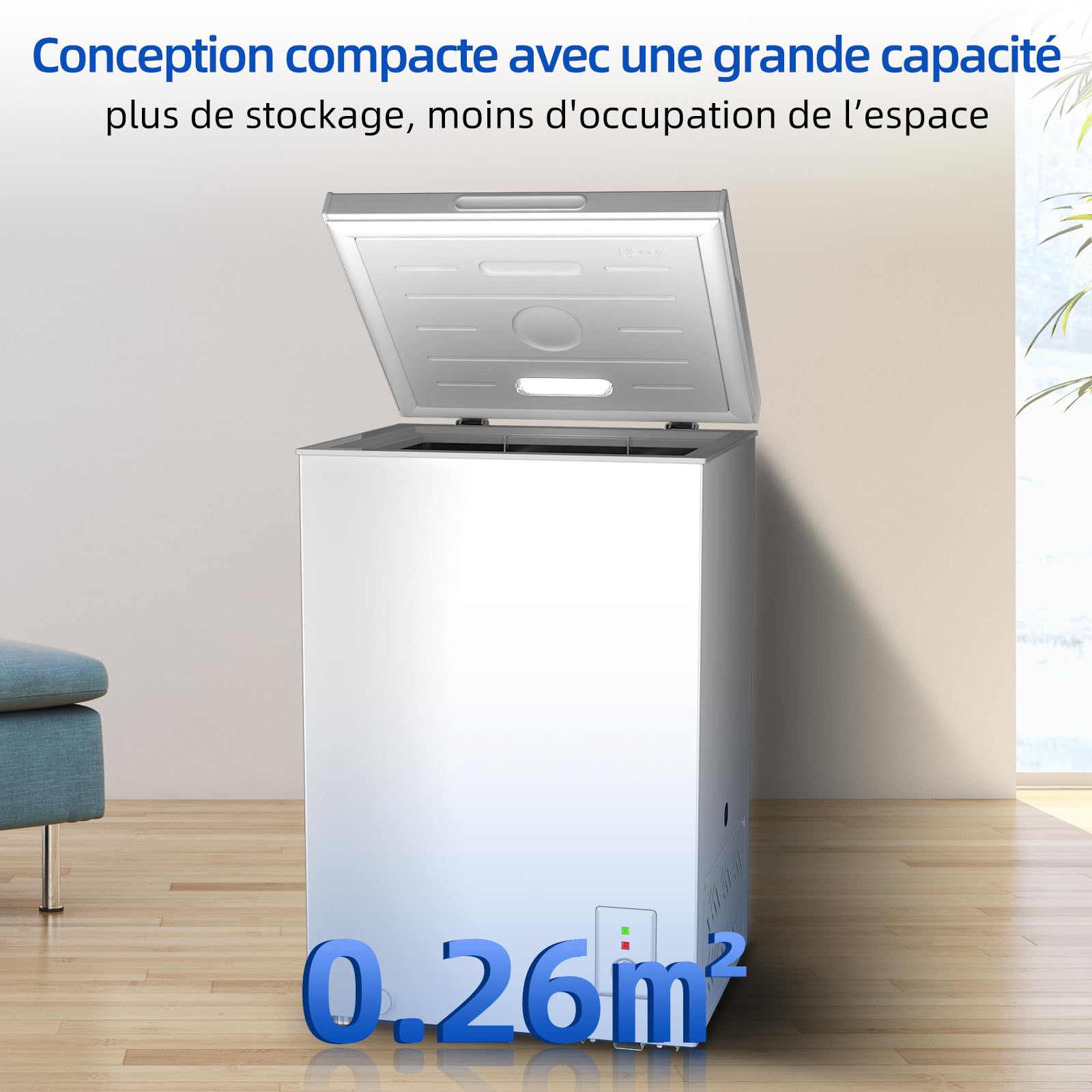 Congélateur coffre CHiQ 99L, 54,5 x 47,6 x 83,5 cm, Conception compacte, Congélation 4 étoiles, Contrôle du thermostat, Grille métallique, Porte stationnaire, Niveau sonore faible, Blanc FCF98DE - 3