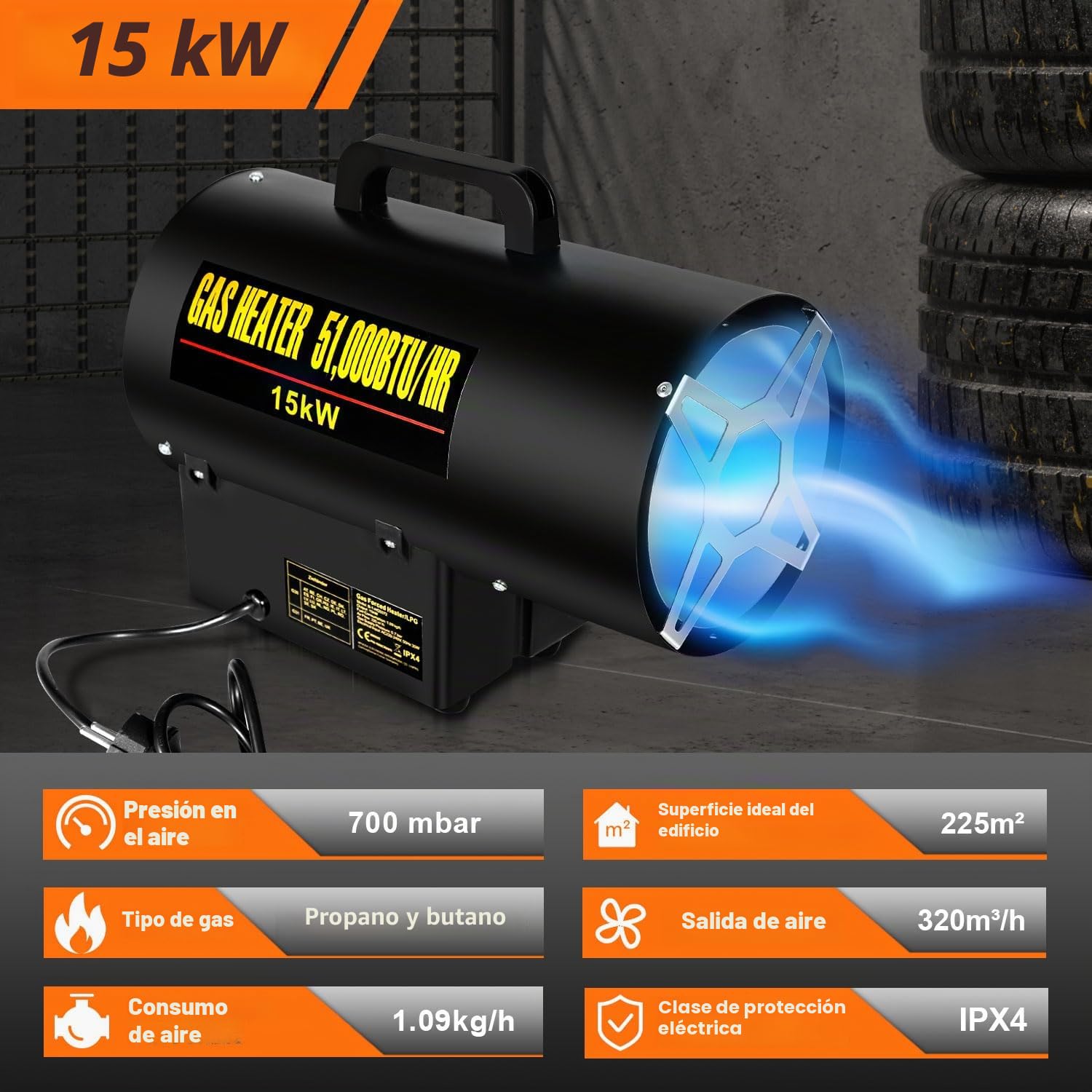 Eulenke Soplador de calefacción de gas de 15 kW Calefactor de gas Caudal de aire 320 m³/h, Calefactor radiante de gas incl. manguera de gas y reductor de presión, cañón de calor generador de aire