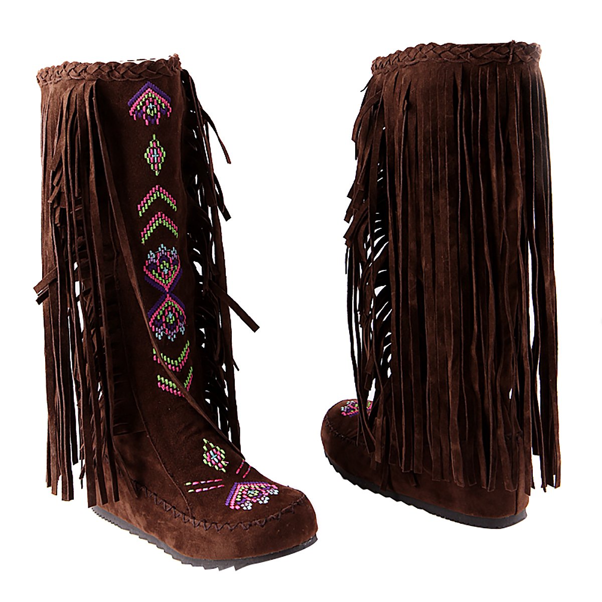 Inornever Knee High Boots for Women Moccasins Embroidered Fringe Booties Cowboy Winter Comfortable Warm Vintage Flat Heel Cowgirl