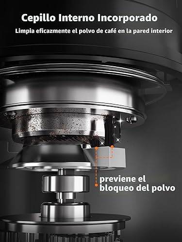 Miniatura 4 de Aromaster Molinillo de café con 48 ajustes de molienda, molinillo cónico de granos de café para uso doméstico, acero inoxidable, temporizador Beige