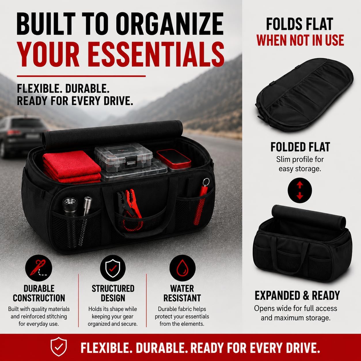 SR1 Performance USA C8 Corvette Trunk Organizer – Expandable Pop Up Collapsible Cargo Storage Caddy for 2020-2026 Chevrolet Corvette Stingray, Z06 & E-Ray – Black with Crossed Flags Logo