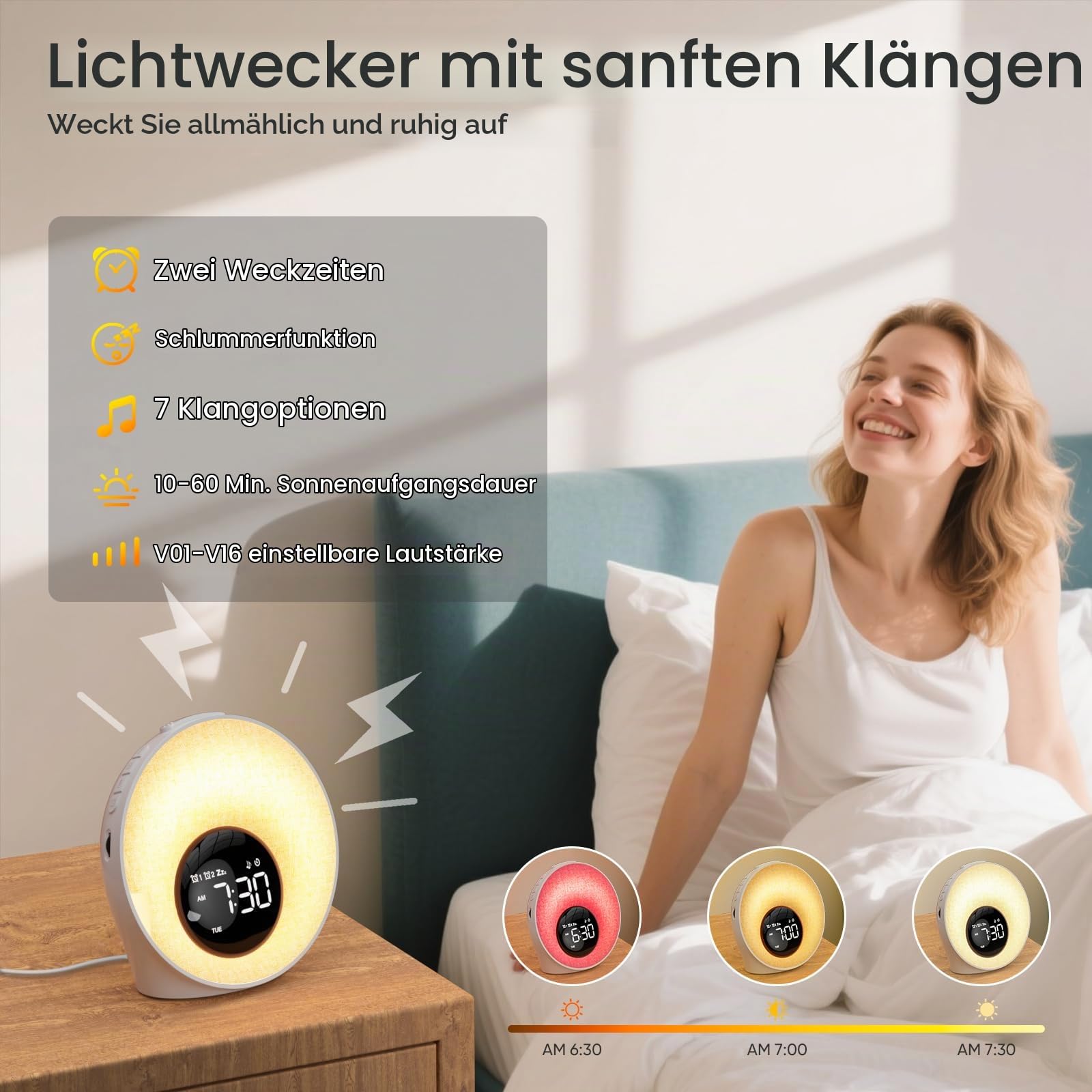 Tageslichtwecker, Lichtwecker Sonnenaufgang Wecker mit Licht,Wecker Digital | Mit 2 Alarme und Snooze, White Noise Machine mit 30 Schlafgeräusche, Nachttischlampe mit 20 Helligkeit, 8 Farblicht, Timer