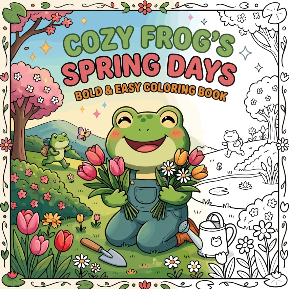 Cozy Frog's Spring Days: A Bold and Easy Coloring Book for Adults and Teens - Relaxing Simple Spring Scenes with Cute Frogs and Flowers