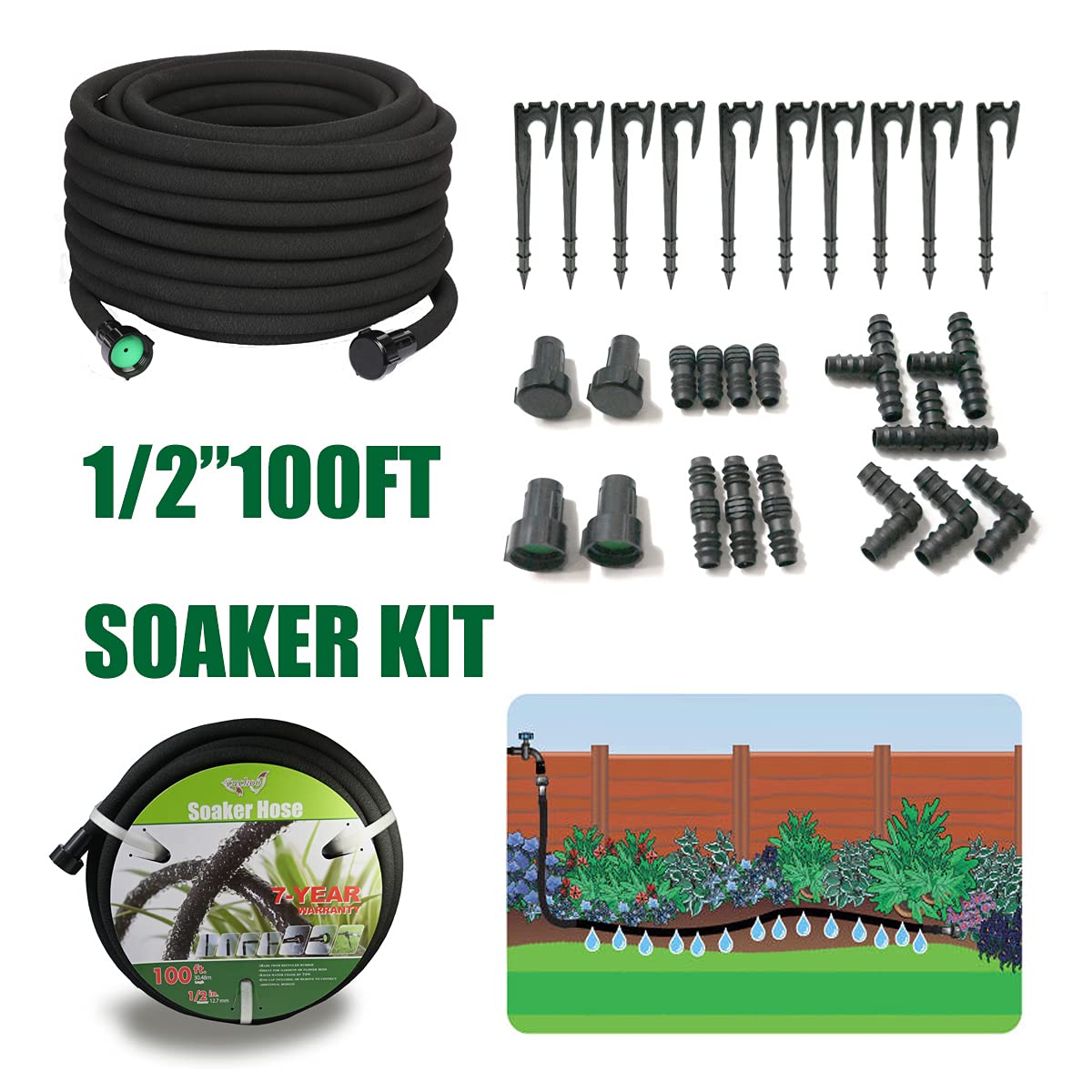 AEACUS Soaker Hose 1/2 inch x 100FT,Garden Hose With Fittings,Heavy Duty Soaker Hose-Saves 70% Water For Lawn(100FT).