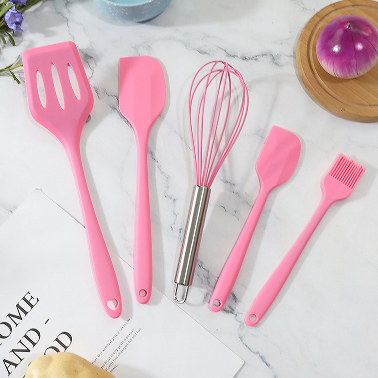 Silicone Rubber Kitchen Supplies Set Baking Tools 5PCS (Small Scraper + Large Scraper + Egg Beater + Leak Spatula + Small Oil Brush) Pink - Image 2