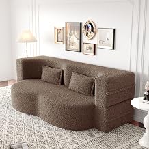 Convertible Sofa Bed Full Size|78" Sleeper Couch with 2 Pillows|Boucle Fabric Folding Sofa Bed|High-Density Foam|No Assembly|Space-Saving|for Living Room, Guest Room|Brown