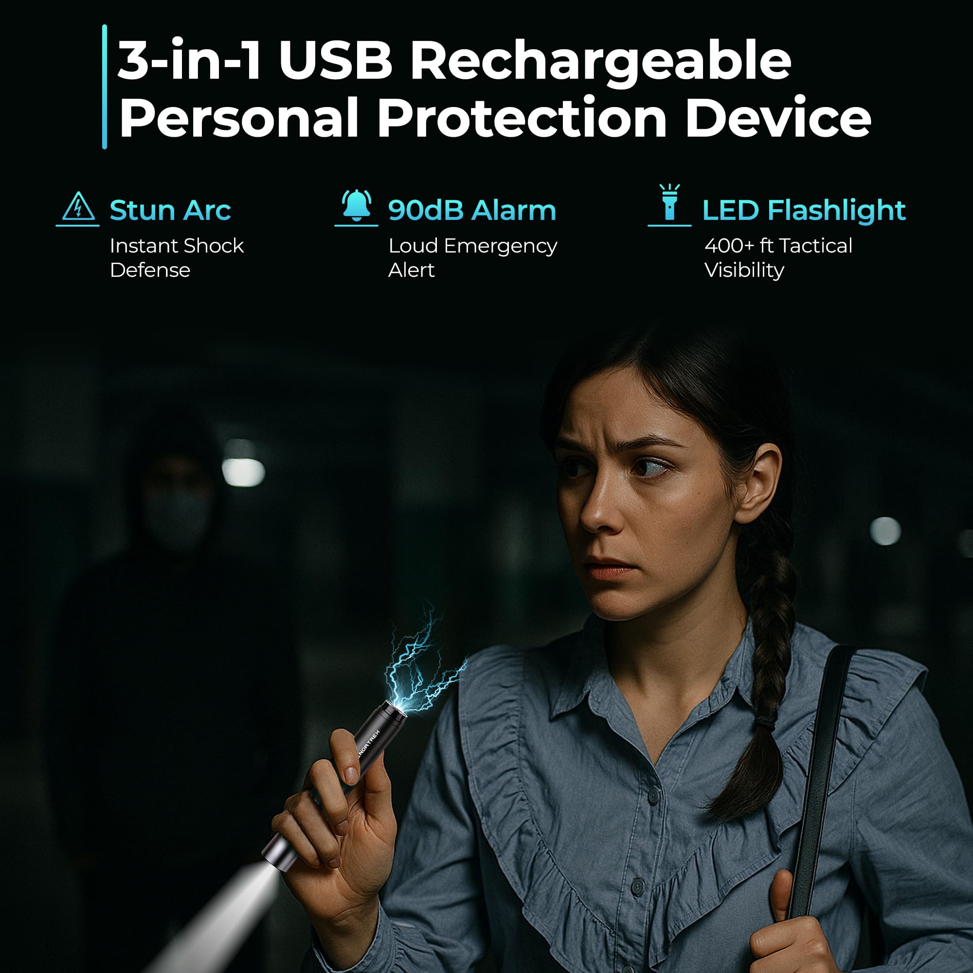 NORTREX 3-in-1 Stun Pen [USB Rechargeable] + 90dB Alarm + LED Flashlight (Personal Protection Device)