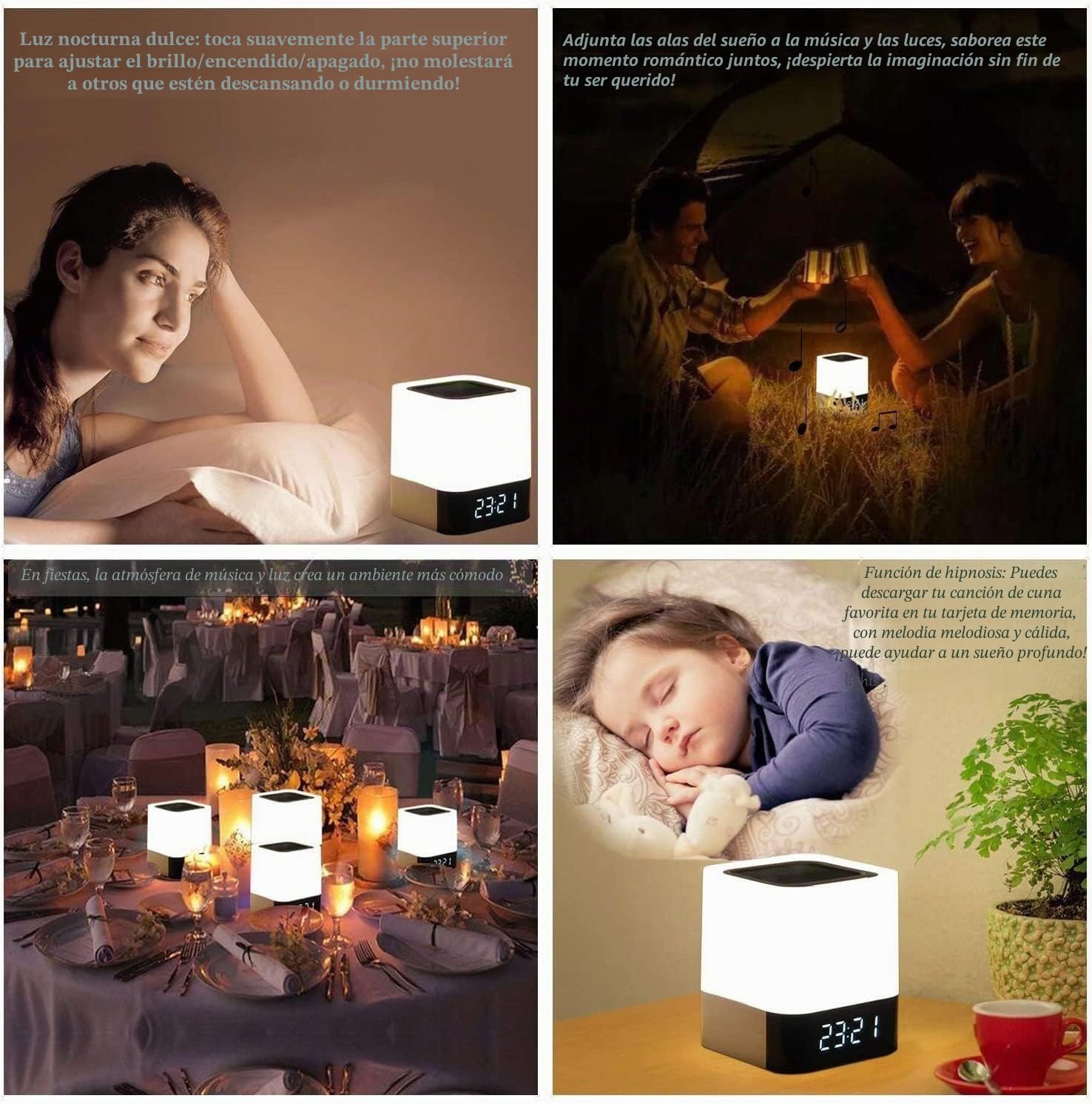 Altavoz Bluetooth con Luces Nocturnas, Lámpara Inteligente con Altavoz y Reloj Despertador Digital, Luz RGB Multicolor Regulable para Habitación, para Leer, Dormir, Fiesta,Regalos