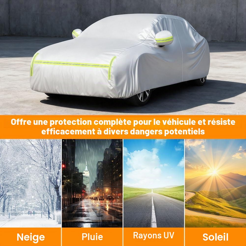 Bache Voiture, 490x190x150CM Housse Voiture Universale, Conception à Ouverture Latérale & Doublure en Coton, Anti UV Soleil Neige Poussière, Housse de Véhicule pour l'Intérieur et l'Extérieur