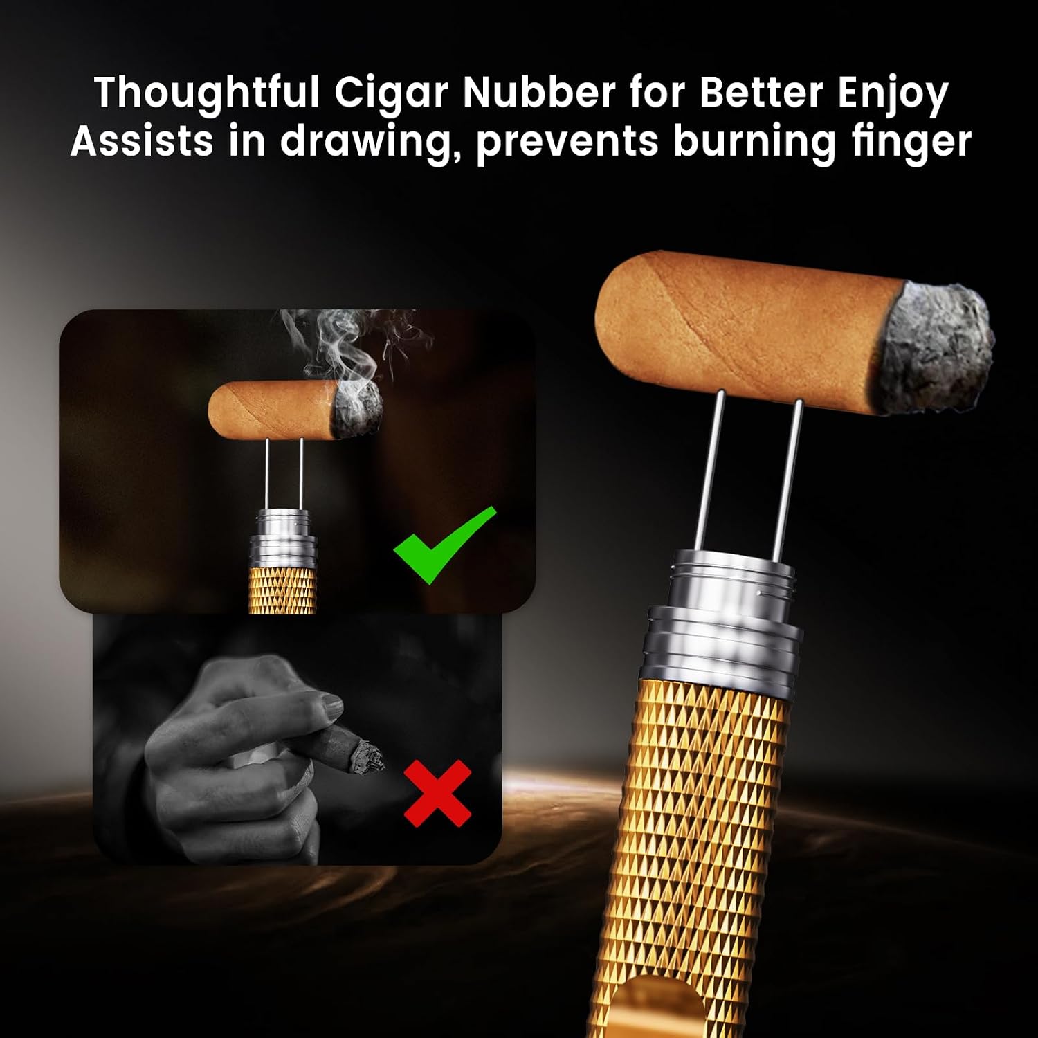 2-Pack Cigar Draw Enhancer Tool, Cigar Poker & Cigar Nubber 2-in-1, Practical Cigar Accessories with Key Ring for All Cigars (Gold & Gold)