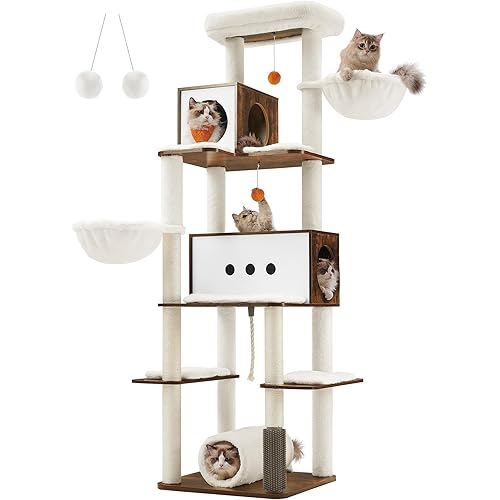 Feandrea Cat Tree, 77.5-Inch Tall Modern Cat Tower for Large Indoor Cats, Multi-Level Cat Condo with 2 Caves, 2 Hammocks, 4 Scratching Posts, Self-Groomer, Tunnel, Perch, Rustic Brown UPCT193X01